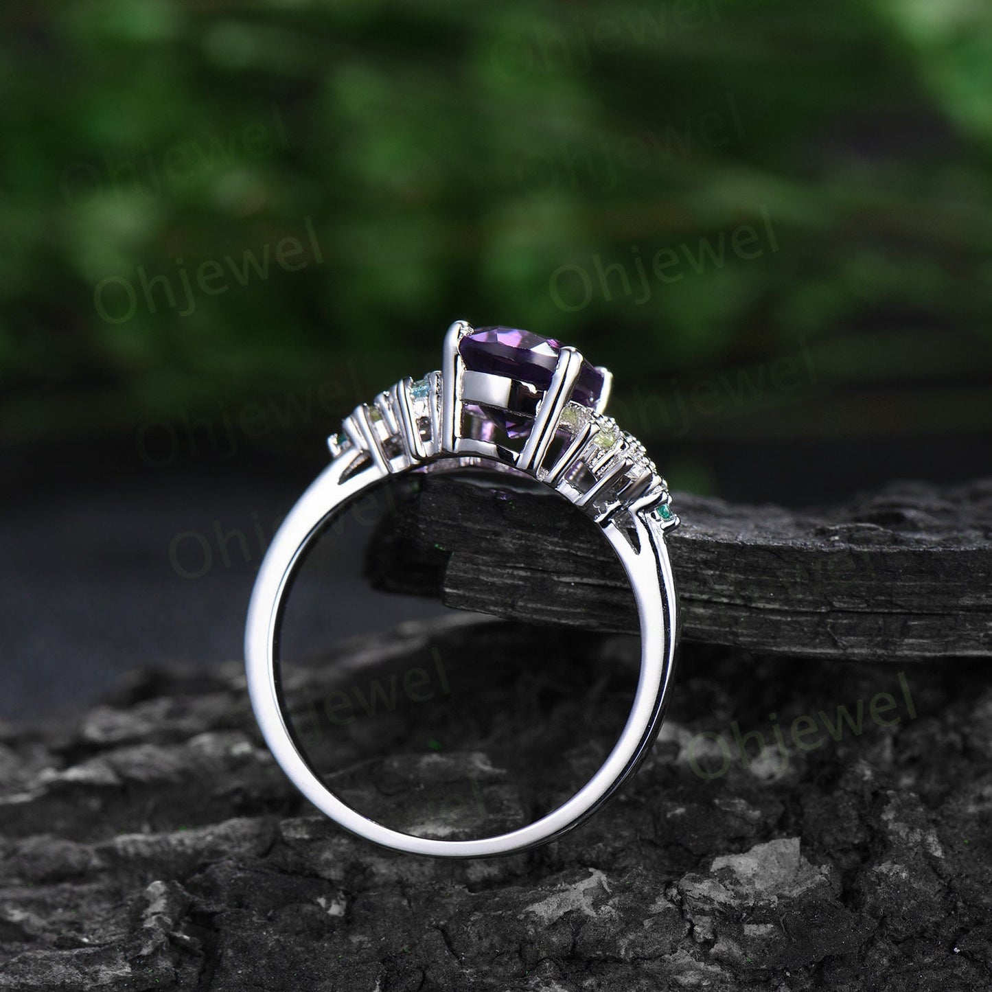 Oval cut purple amethyst ring vintage cluster snowdrift emerald peridot topaz ring white gold unique engagement ring women anniversary gift