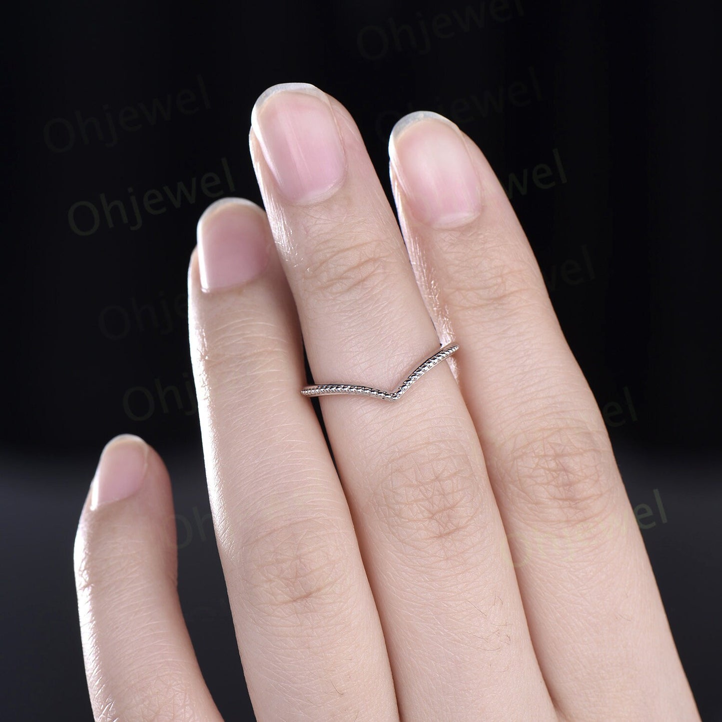 Curved V shaped solitaire wedding band solid 14k white gold Milgrain art deco stacking matching wedding ring band women 925 sterling silver