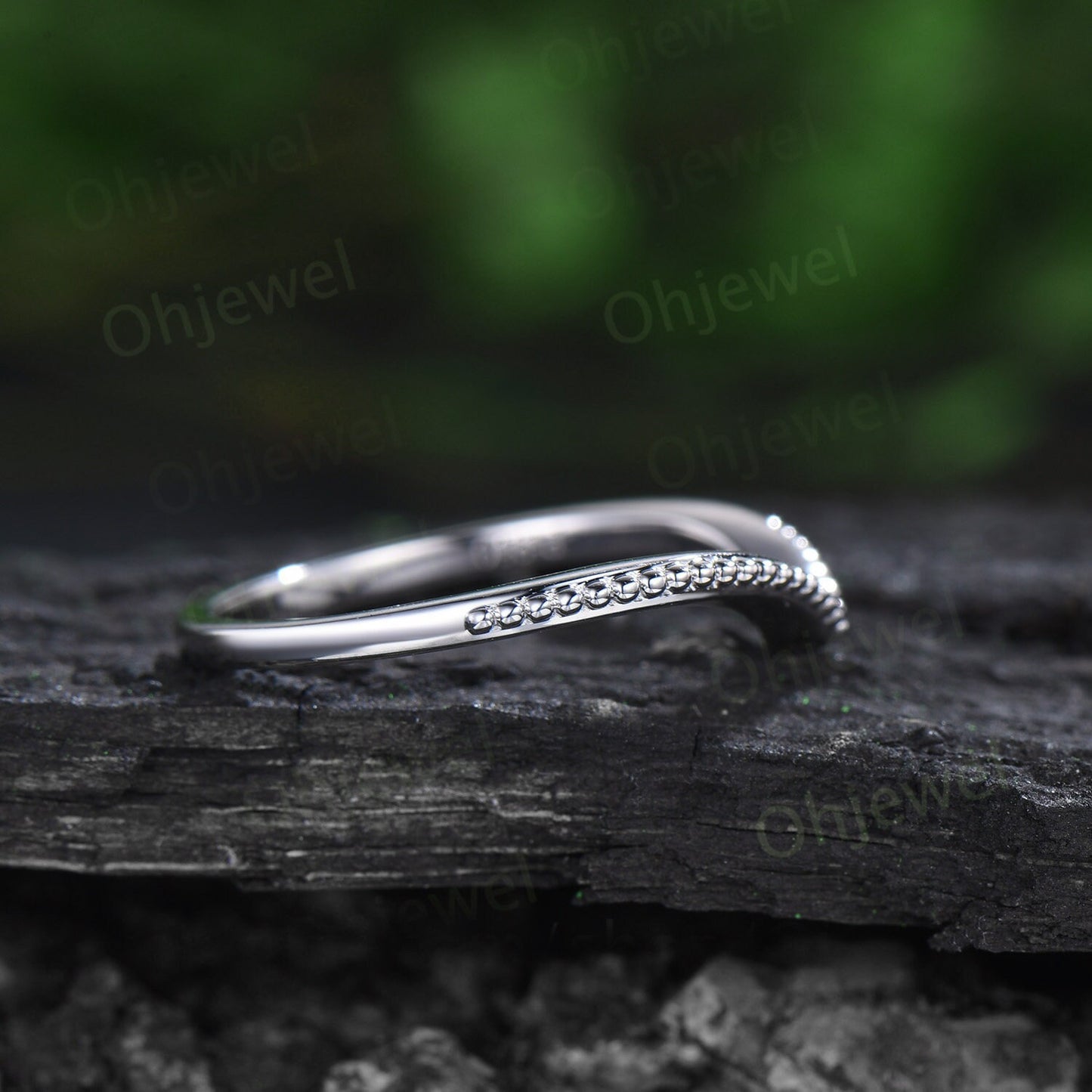 Curved V shaped solitaire wedding band solid 14k white gold Milgrain art deco stacking matching wedding ring band women 925 sterling silver