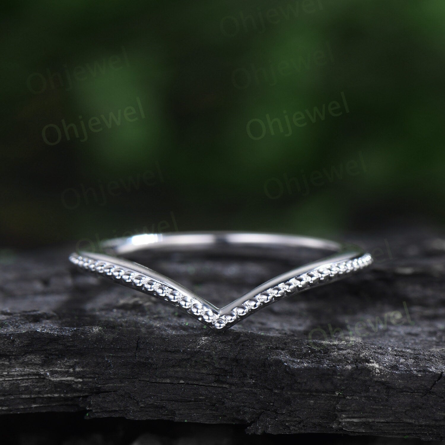 Curved V shaped solitaire wedding band solid 14k white gold Milgrain art deco stacking matching wedding ring band women 925 sterling silver