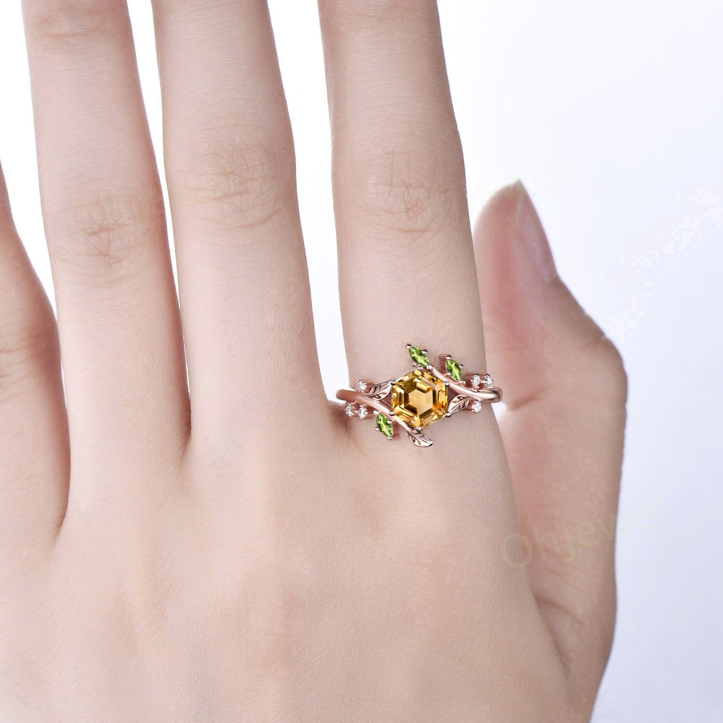 Vintage Hexagon citrine engagement ring leaf nature inspired marquise peridot ring women art deco twisted moissanite anniversary ring gift