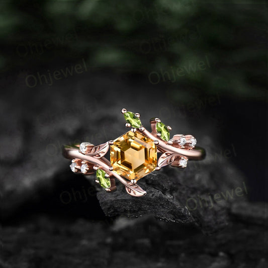 Vintage Hexagon citrine engagement ring leaf nature inspired marquise peridot ring women art deco twisted moissanite anniversary ring gift