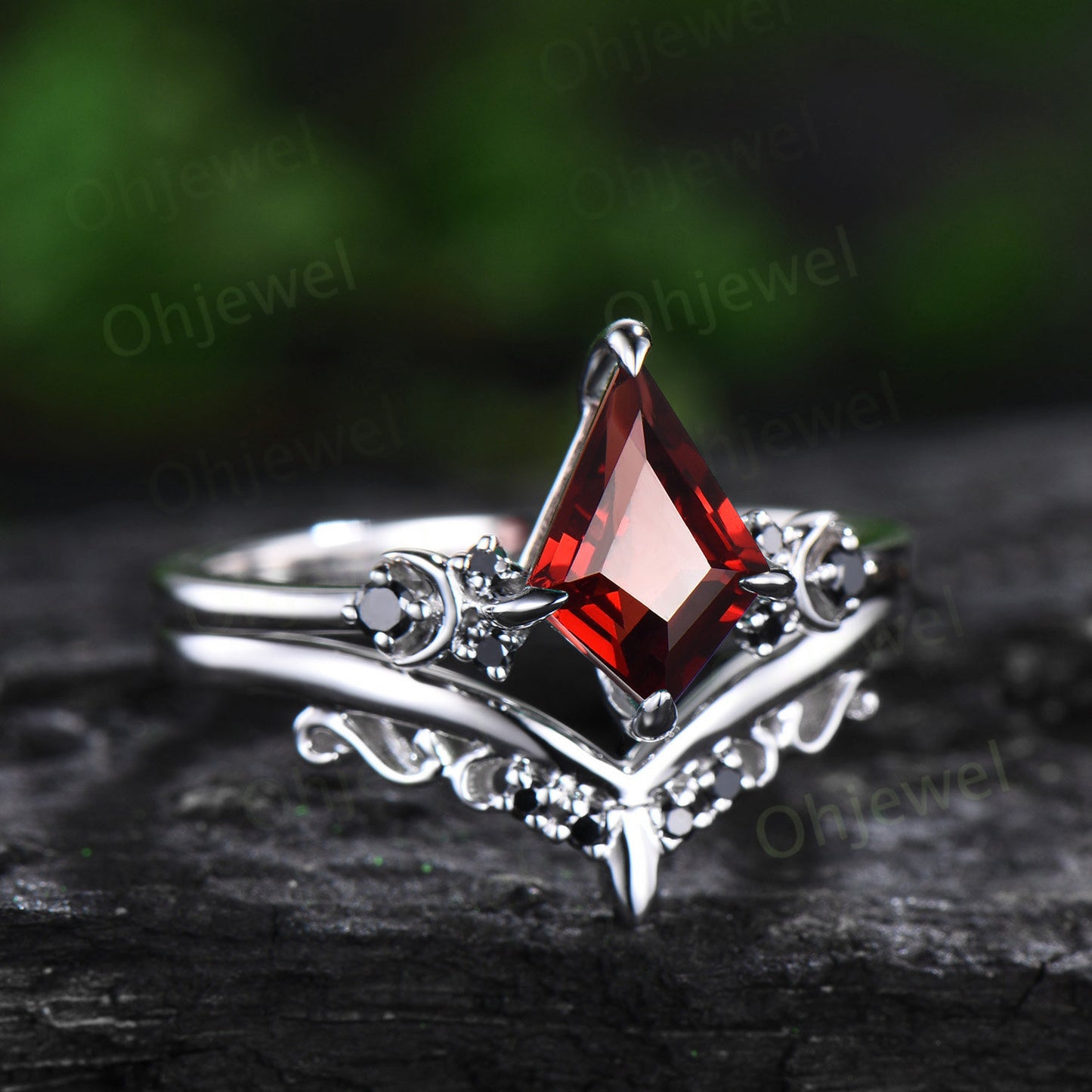 Kite cut red garnet engagement ring Moon black diamond ring solid 14k white gold art deco antique promise anniversary ring women jewelry
