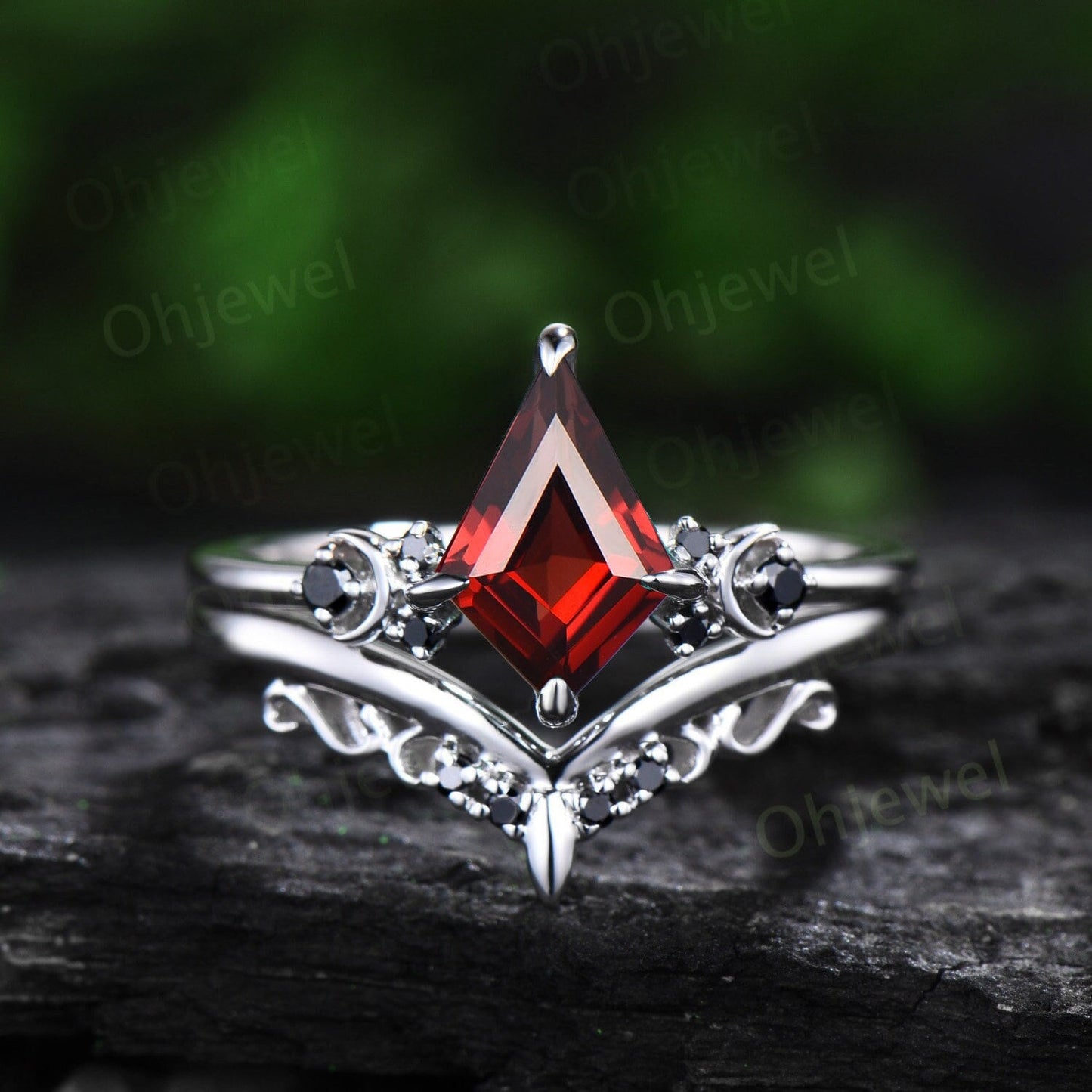 Kite cut red garnet engagement ring Moon black diamond ring solid 14k white gold art deco antique promise anniversary ring women jewelry