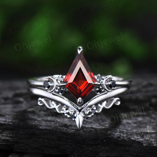 Kite cut red garnet engagement ring Moon black diamond ring solid 14k white gold art deco antique promise anniversary ring women jewelry
