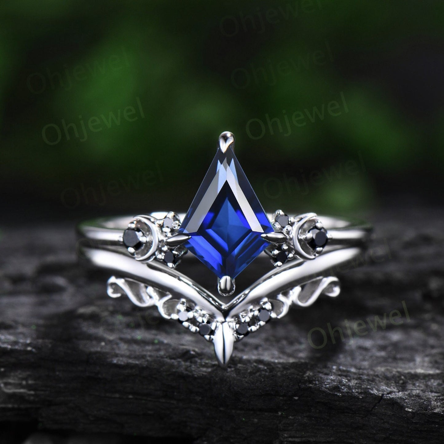 Moon black diamond kite blue sapphire engagement ring set solid 14k white gold retro bridal set unique wedding ring set women blue gemstone
