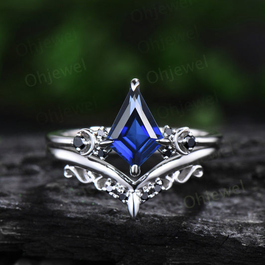 Moon black diamond kite blue sapphire engagement ring set solid 14k white gold retro bridal set unique wedding ring set women blue gemstone