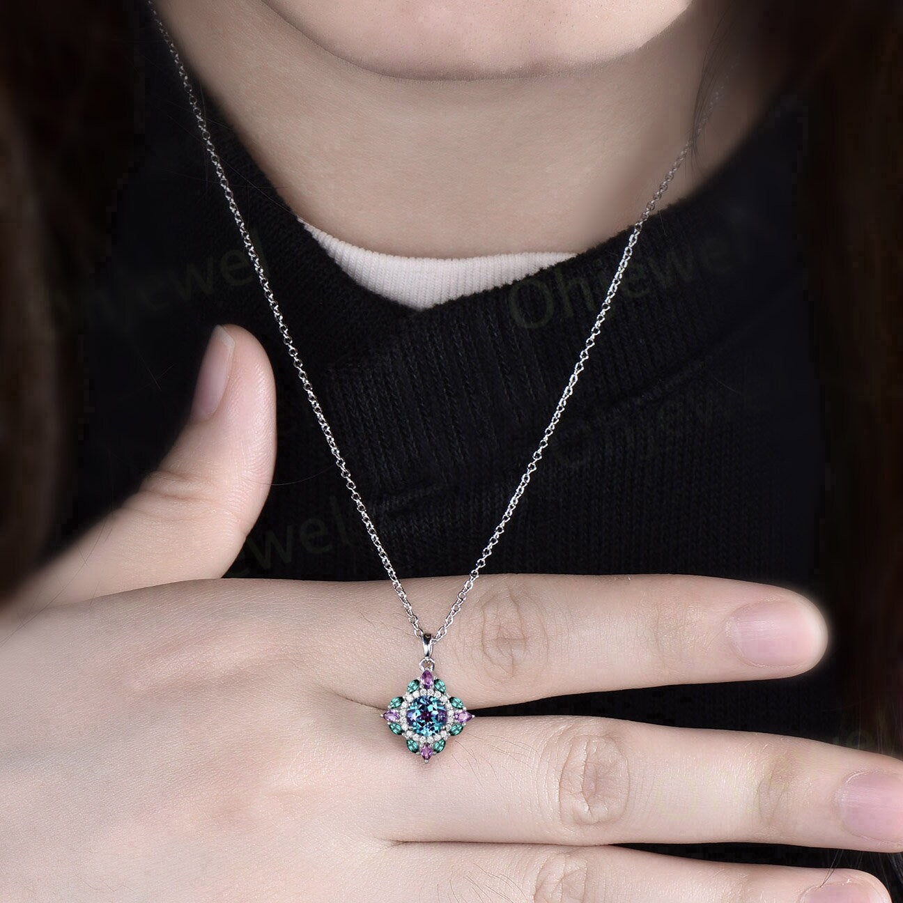 Round cut Alexandrite necklace vintage double halo moissanite amethyst emerald necklace Pendant women art deco rose gold anniversary gift
