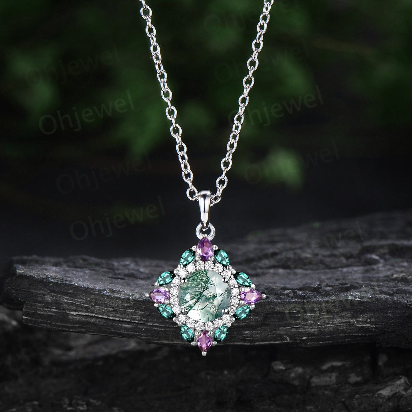 Round cut green moss agate necklace vintage double halo moissanite amethyst emerald necklace Pendant women 14k rose gold anniversary gift
