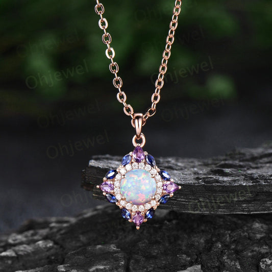 Vintage round white opal necklace art deco rose gold double halo moissanite amethyst sapphire necklace Pendant promise wedding bridal gift
