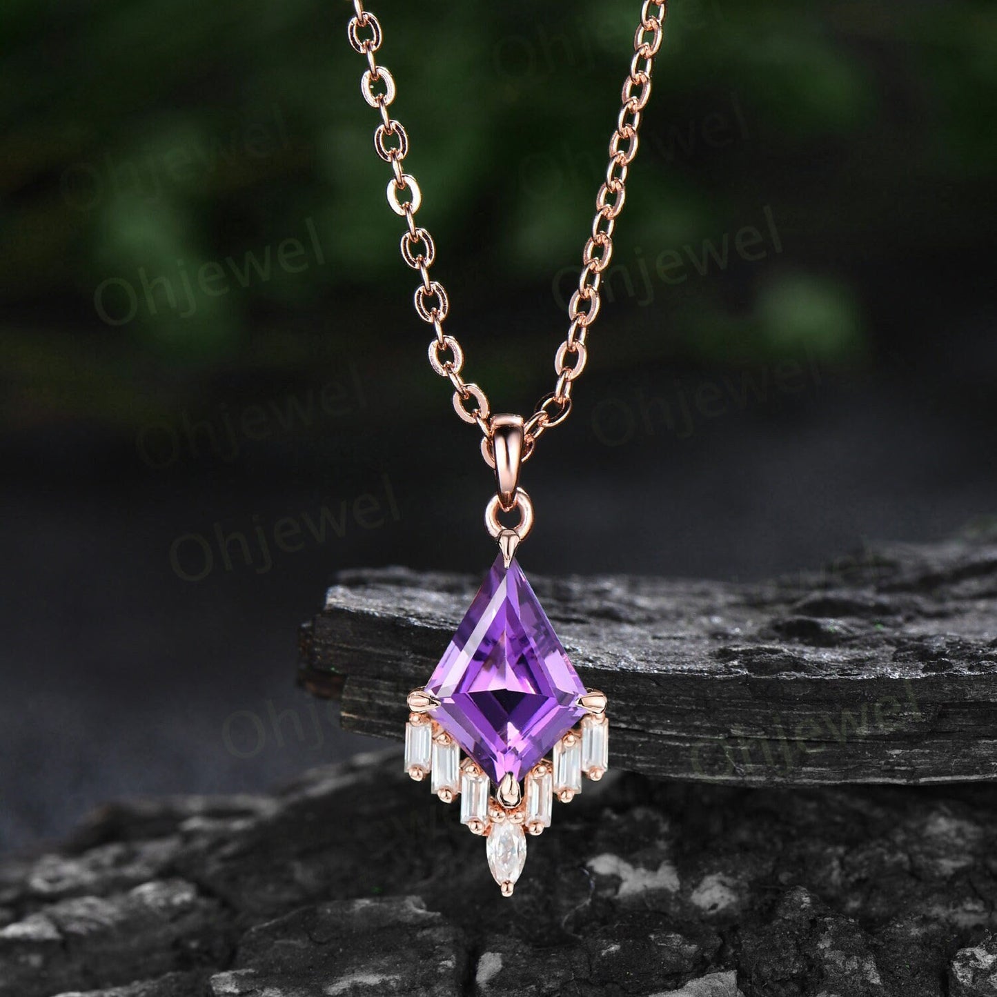 Kite purple amethyst necklace rose gold vintage February birthstone marquise baguette moissanite dainty unique necklace pendant women gift
