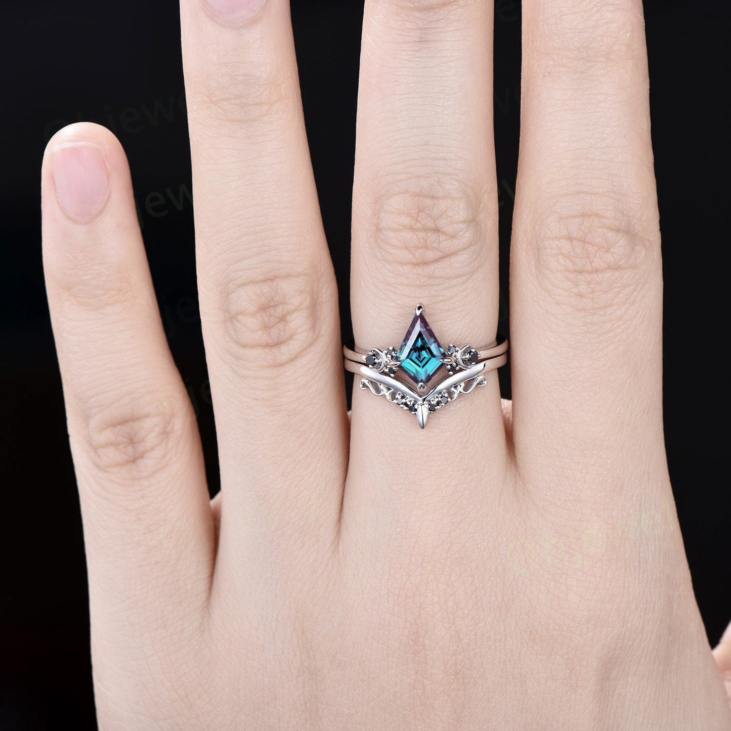 Kite cut alexandrite engagement ring Moon black diamond ring solid 14k white gold art deco antique promise anniversary ring women jewelry