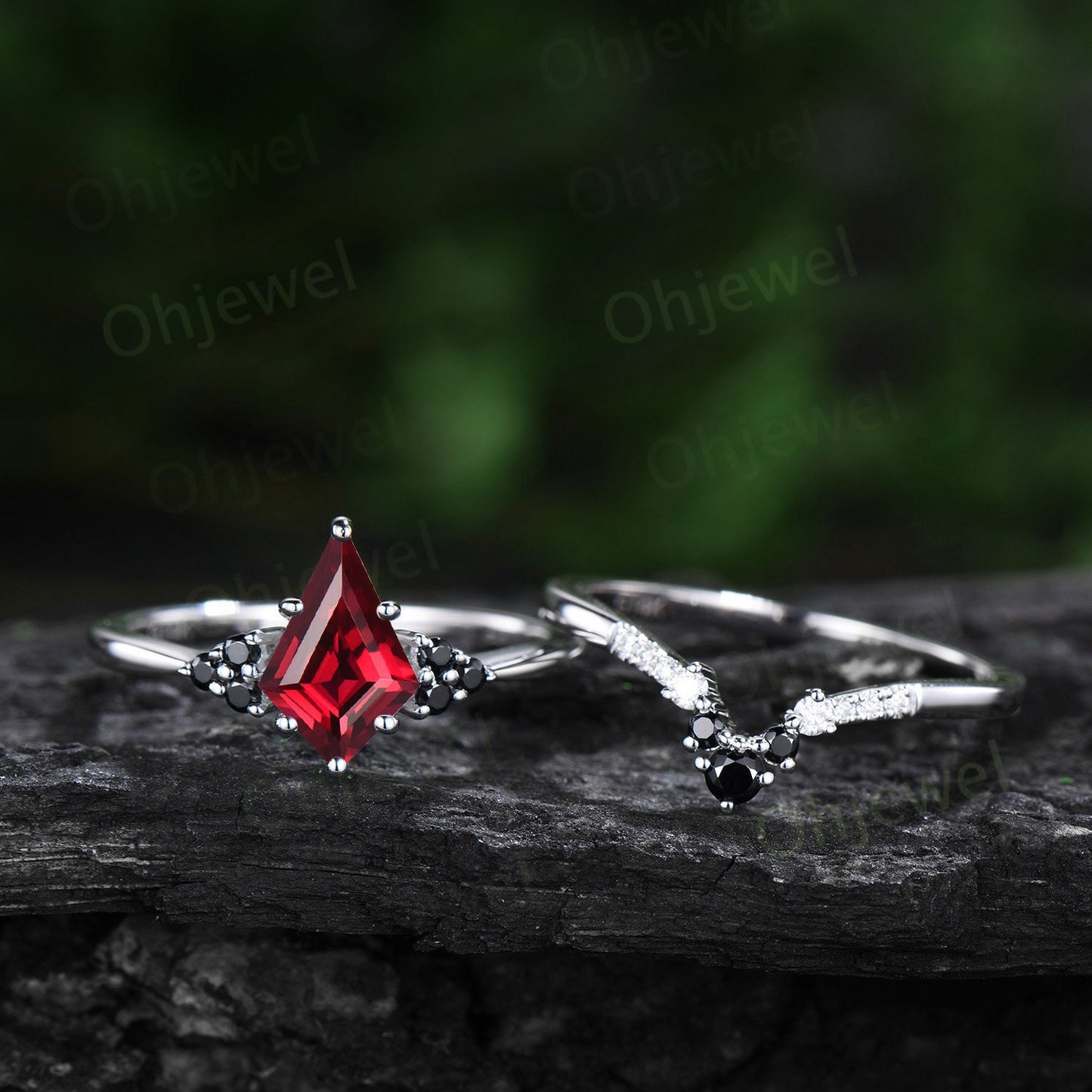 Unique kite cut red ruby engagement ring solid 14k white gold black spinel moissanite promise anniversary ring women her Personalized gift
