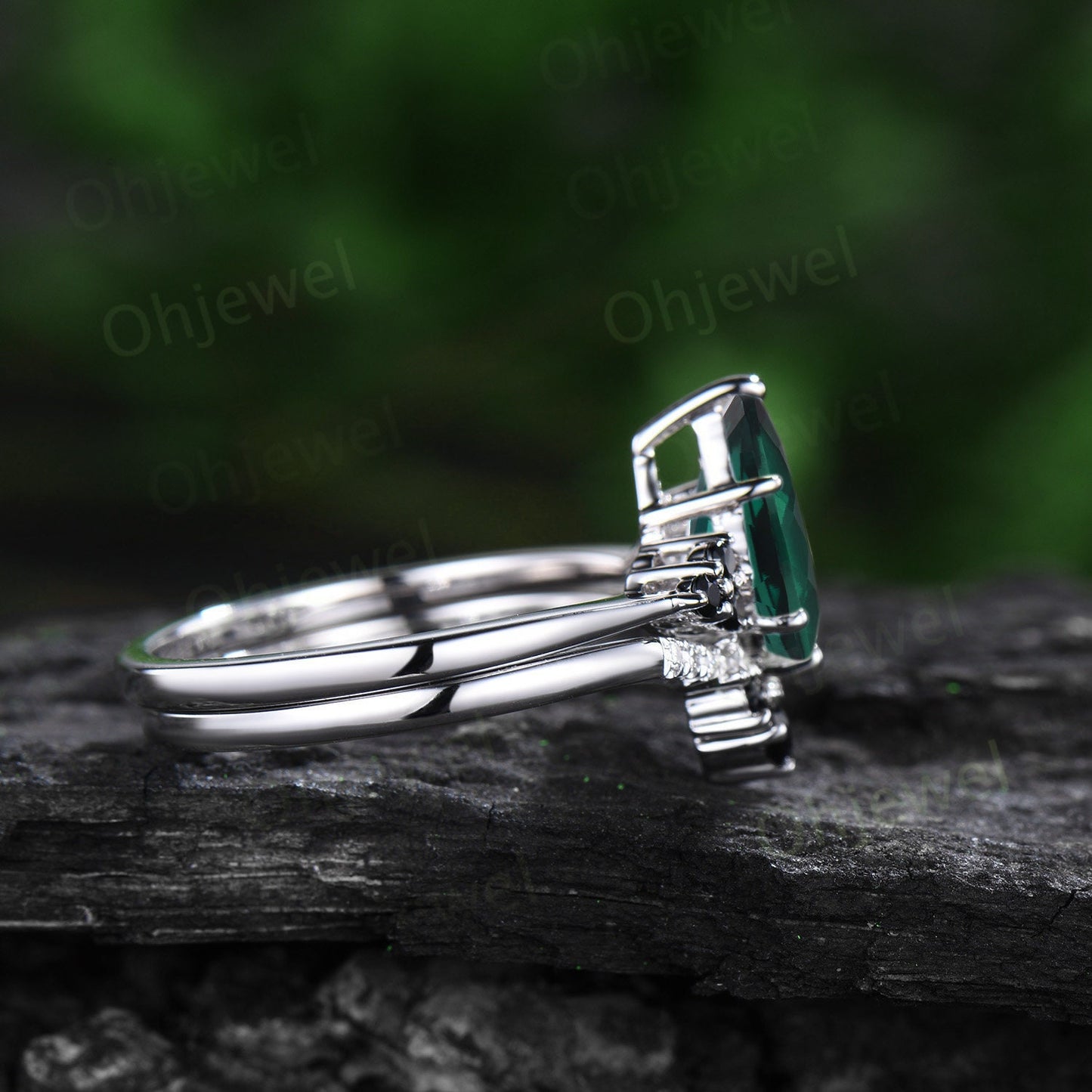 Unique kite cut green emerald engagement ring solid 14k white gold black spinel moissanite Personalized promise anniversary ring women her