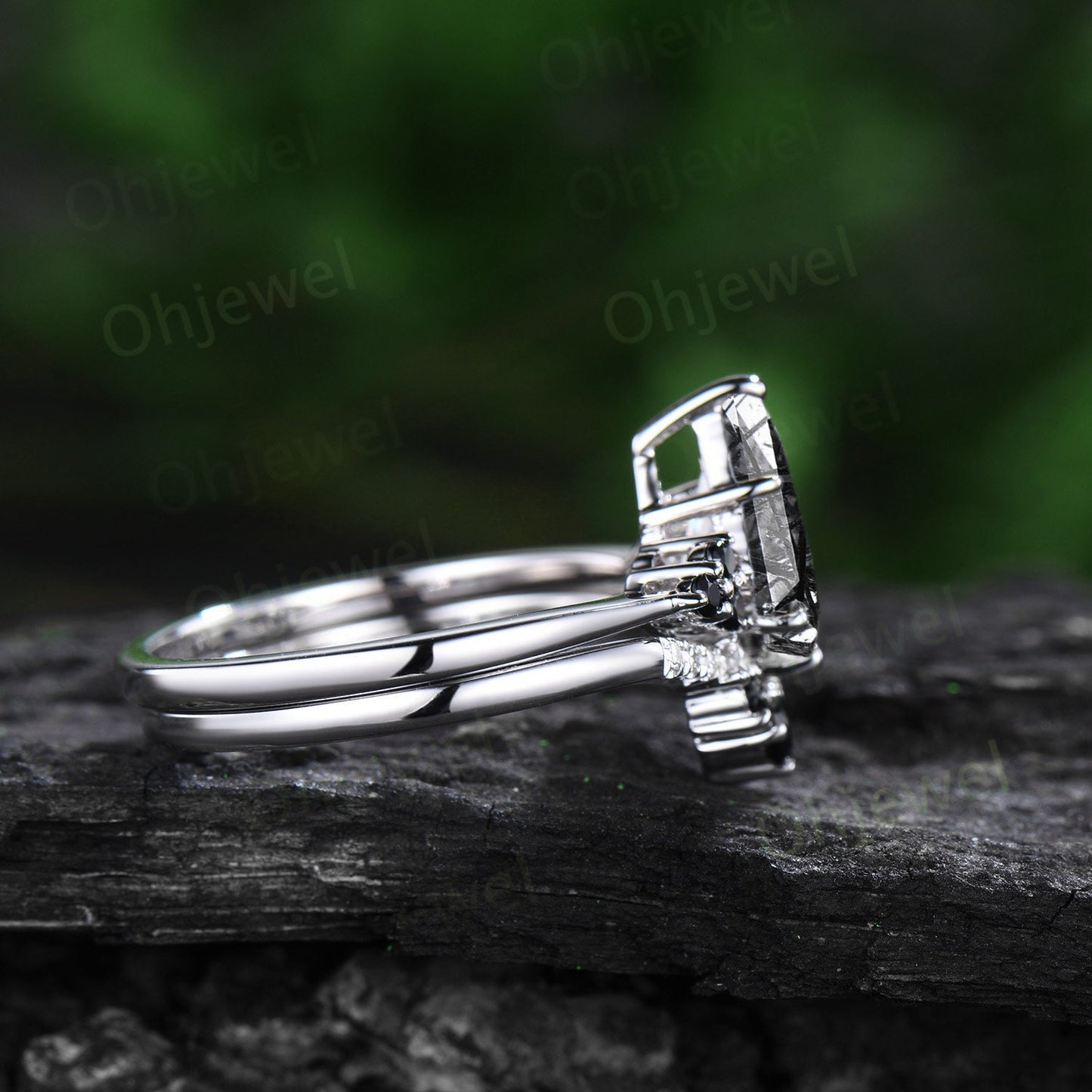 Unique kite black rutilated quartz engagement ring solid 14k white gold black spinel moissanite Personalized promise anniversary ring women