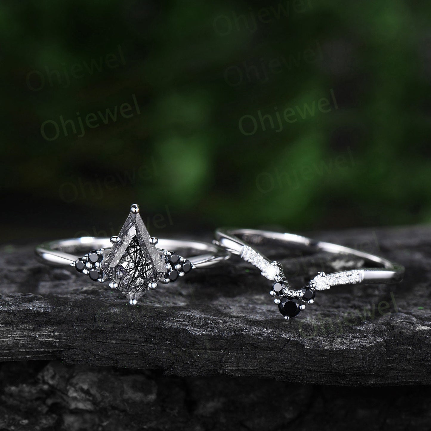 Unique kite black rutilated quartz engagement ring solid 14k white gold black spinel moissanite Personalized promise anniversary ring women