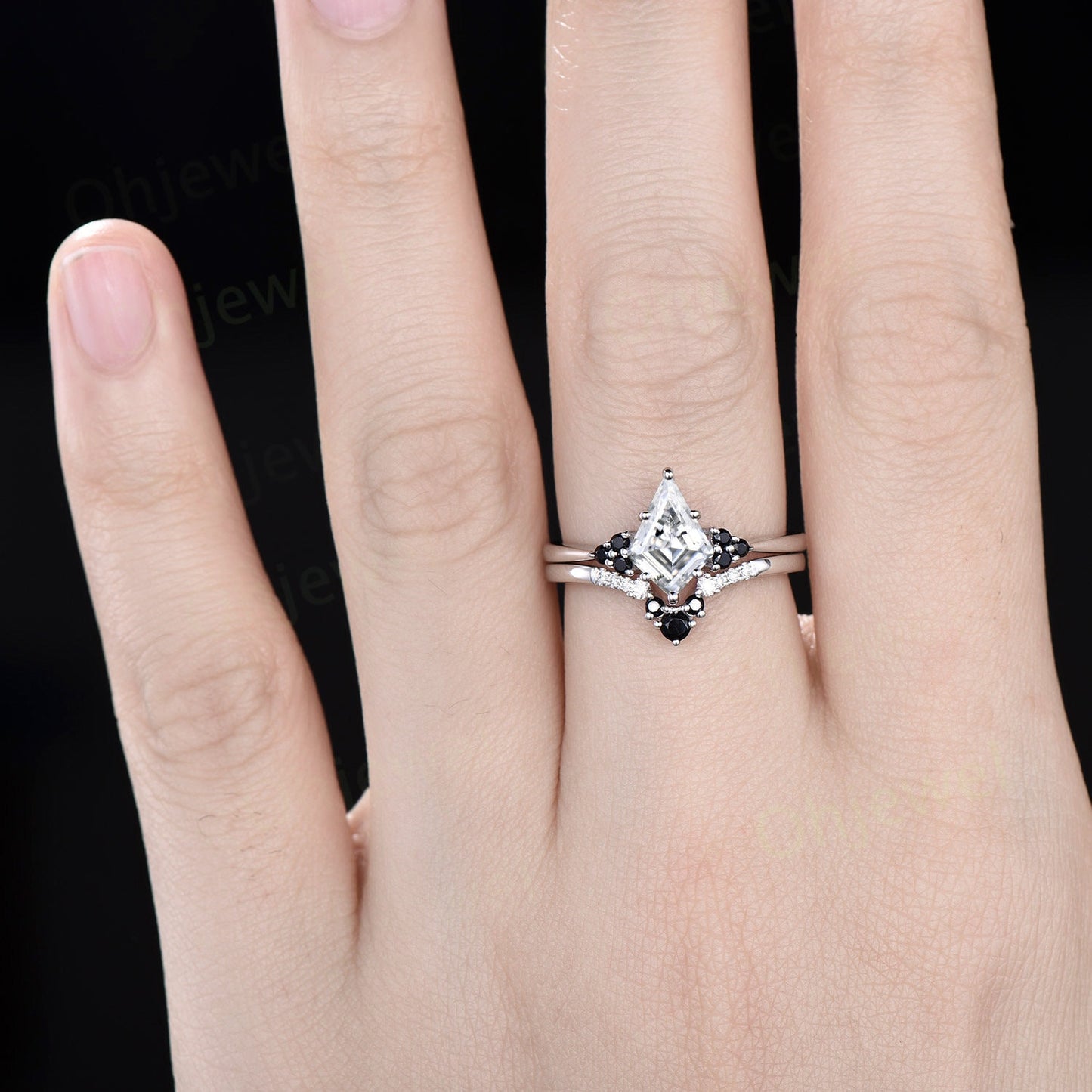 Unique kite cut moissanite engagement ring solid 14k white gold black spinel moissanite Personalized promise anniversary ring women her