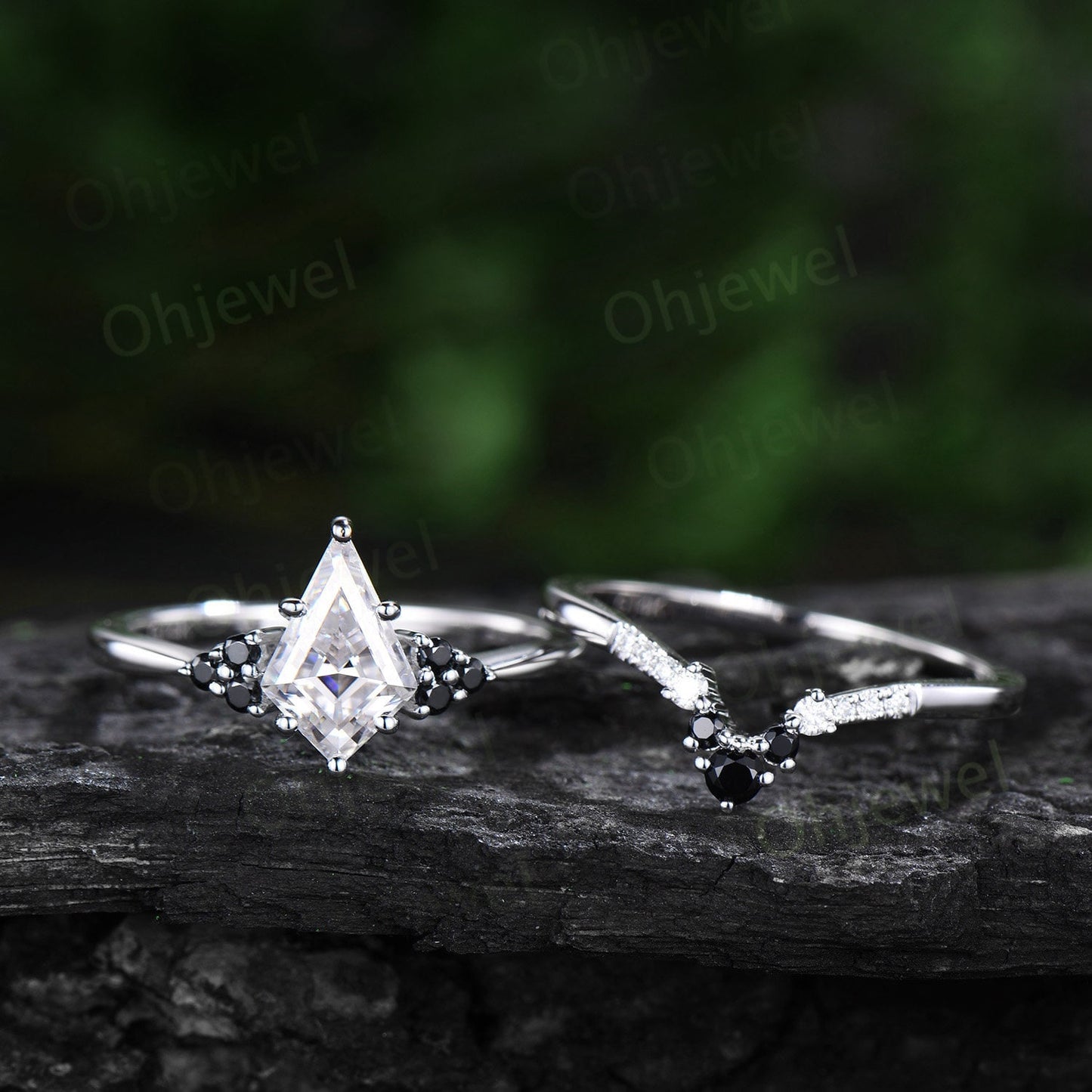 Unique kite cut moissanite engagement ring solid 14k white gold black spinel moissanite Personalized promise anniversary ring women her