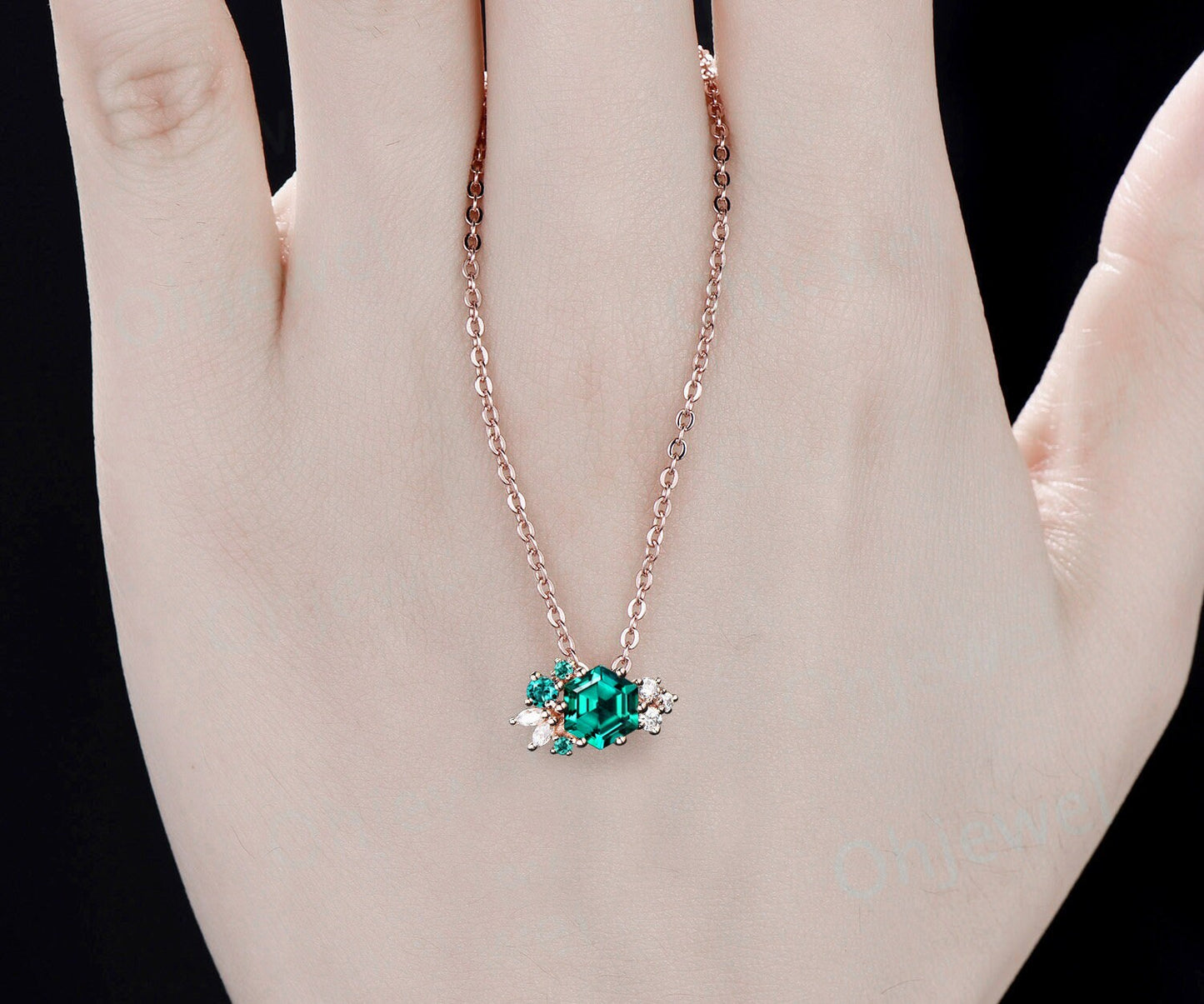 Vintage Hexagon cut green emerald necklace 14k rose gold cluster marquise diamond Pendant women 6 prong May birthstone gemstone gift her