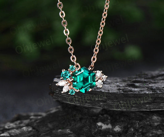 Vintage Hexagon cut green emerald necklace 14k rose gold cluster marquise diamond Pendant women 6 prong May birthstone gemstone gift her