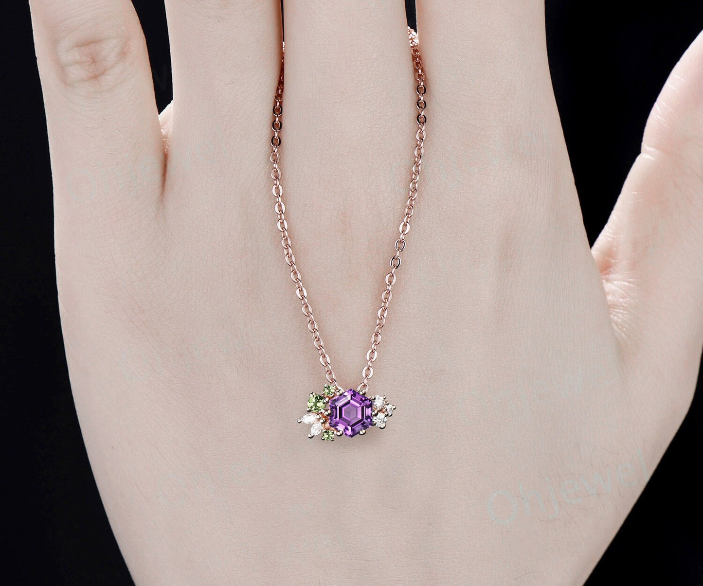 Hexagon cut Amethyst peridot necklace solid 14k rose gold Crystal cluster diamond Pendant women birthstone gemstone anniversary gift silver