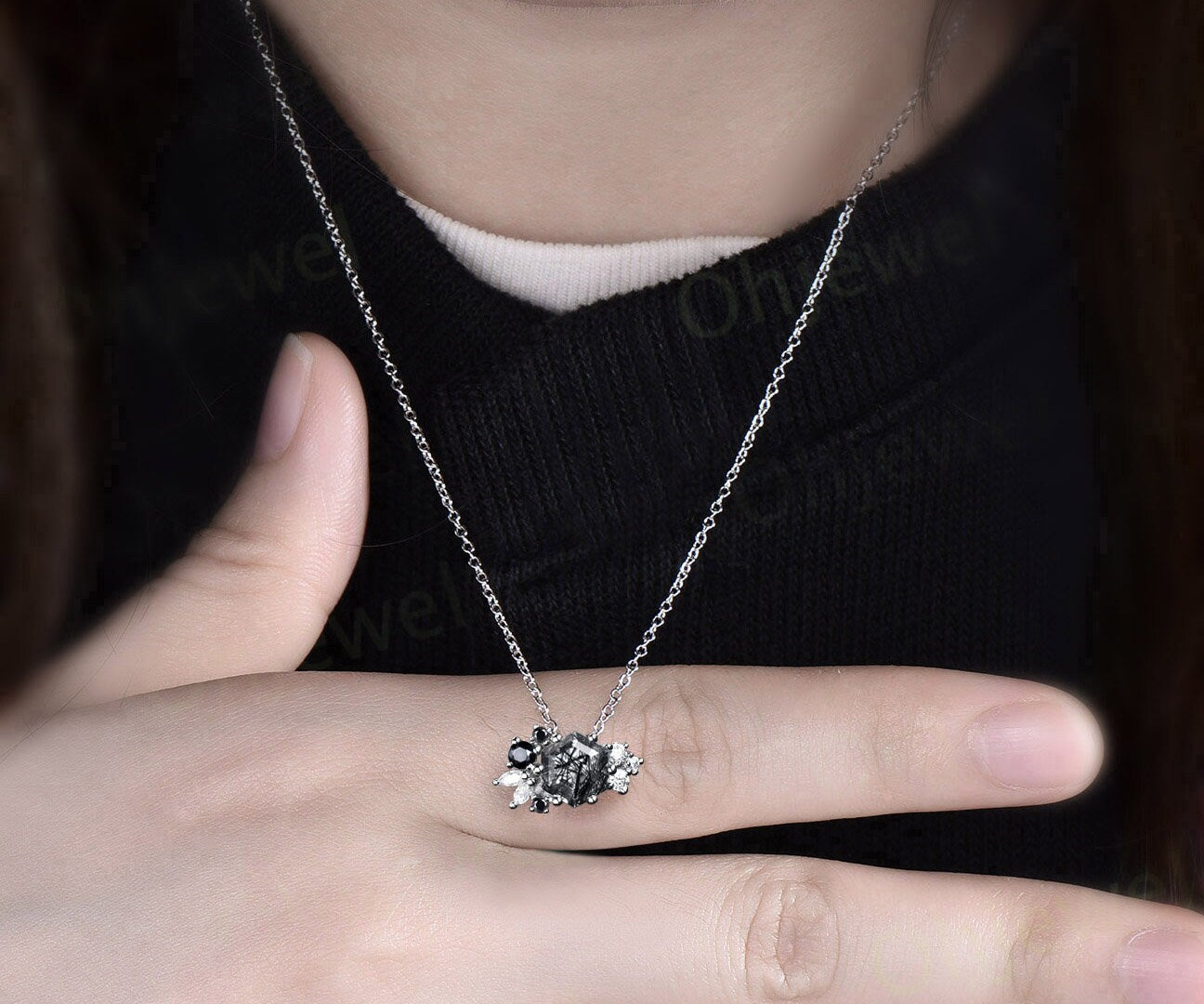 Vintage Hexagon black rutilated quartz necklace 14k rose gold cluster marquise diamond Pendant women 6 prong gemstone anniversary gift her