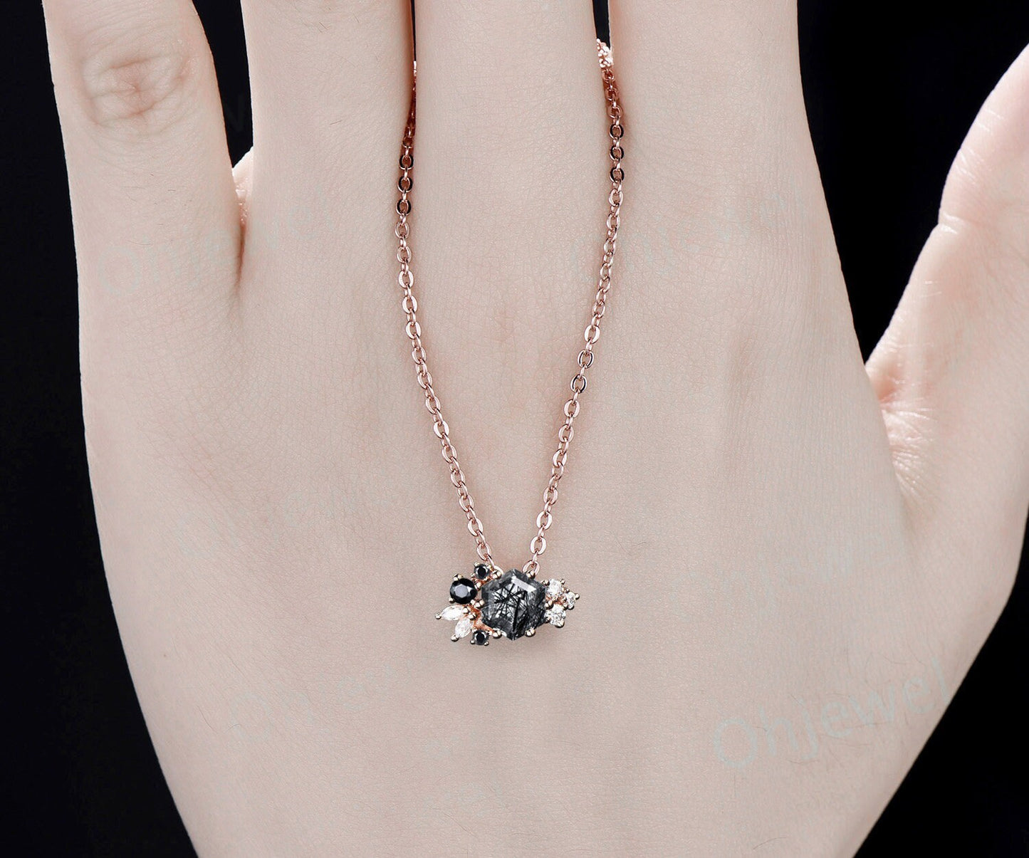 Vintage Hexagon black rutilated quartz necklace 14k rose gold cluster marquise diamond Pendant women 6 prong gemstone anniversary gift her
