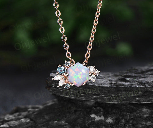 Hexagon white opal necklace gold silver women vintage unique art deco cluster alexandrite diamond necklace Pendant bridal anniversary gift