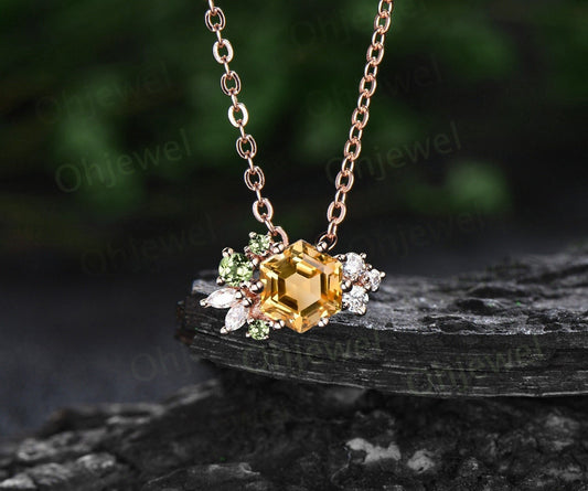 Hexagon cut citrine peridot necklace Pendant vintage 6 prong cluster diamond solid 14k rose gold unique necklace women November birthstone