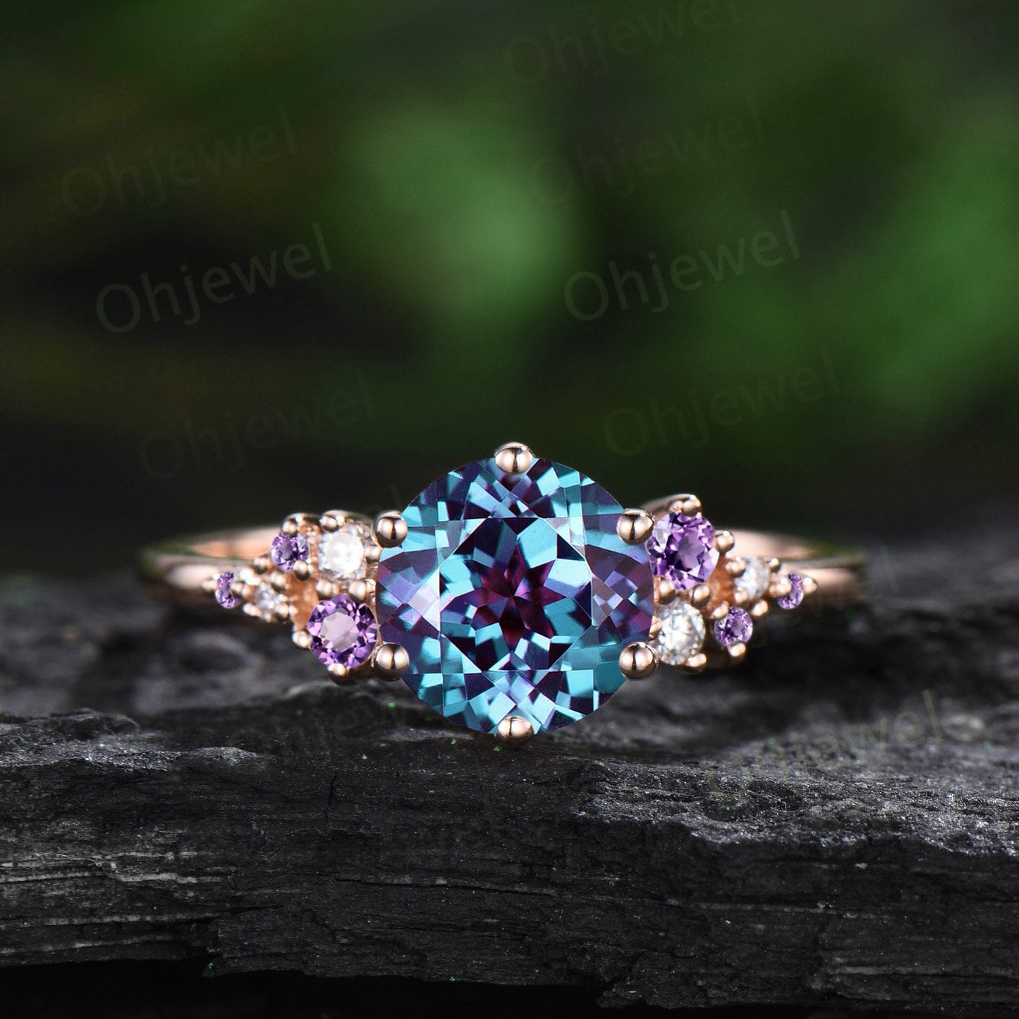 Unique round alexandrite engagement ring set 6 prong snowdrift amethyst ring rose gold cluster moissanite promise bridal ring set women gift