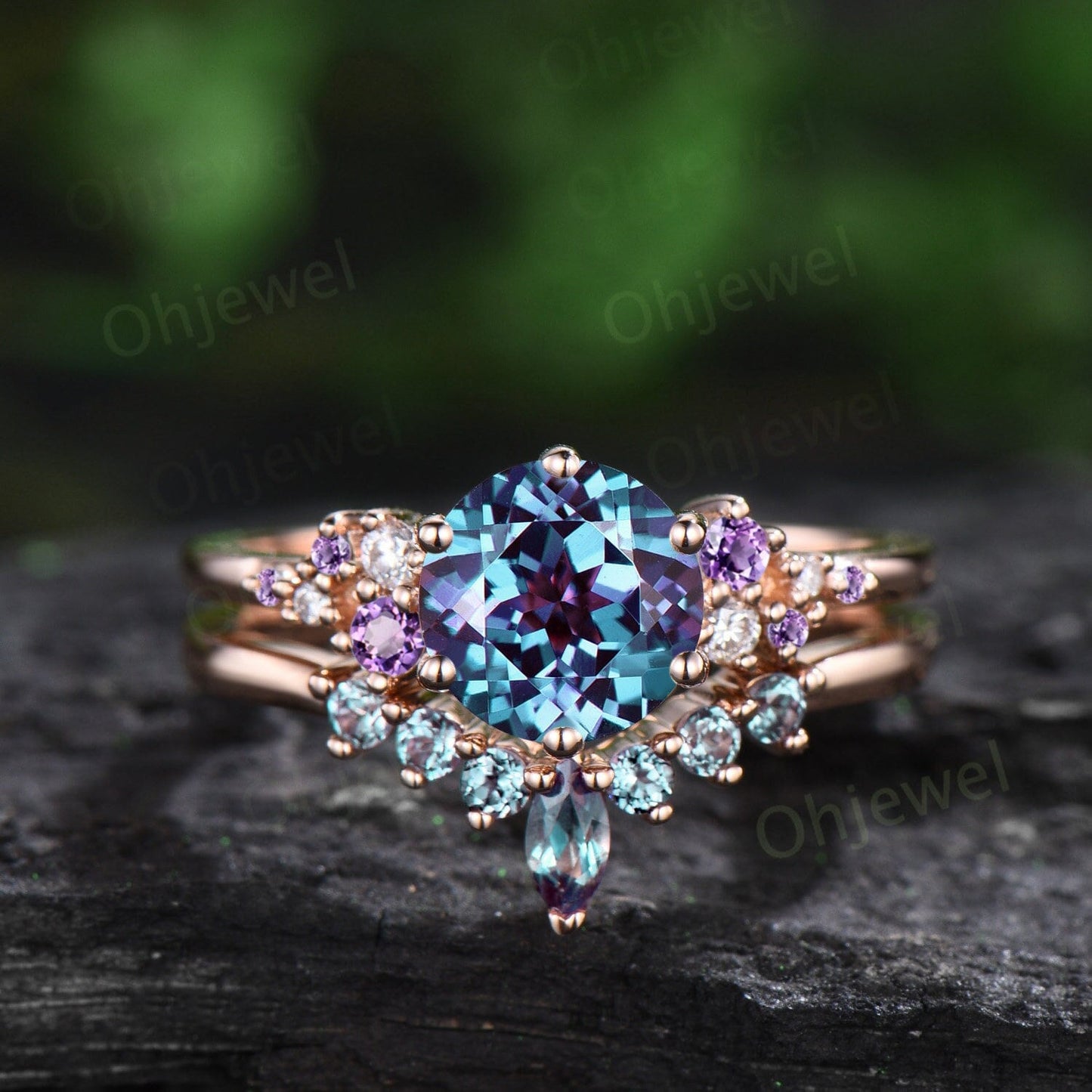 Unique round alexandrite engagement ring set 6 prong snowdrift amethyst ring rose gold cluster moissanite promise bridal ring set women gift