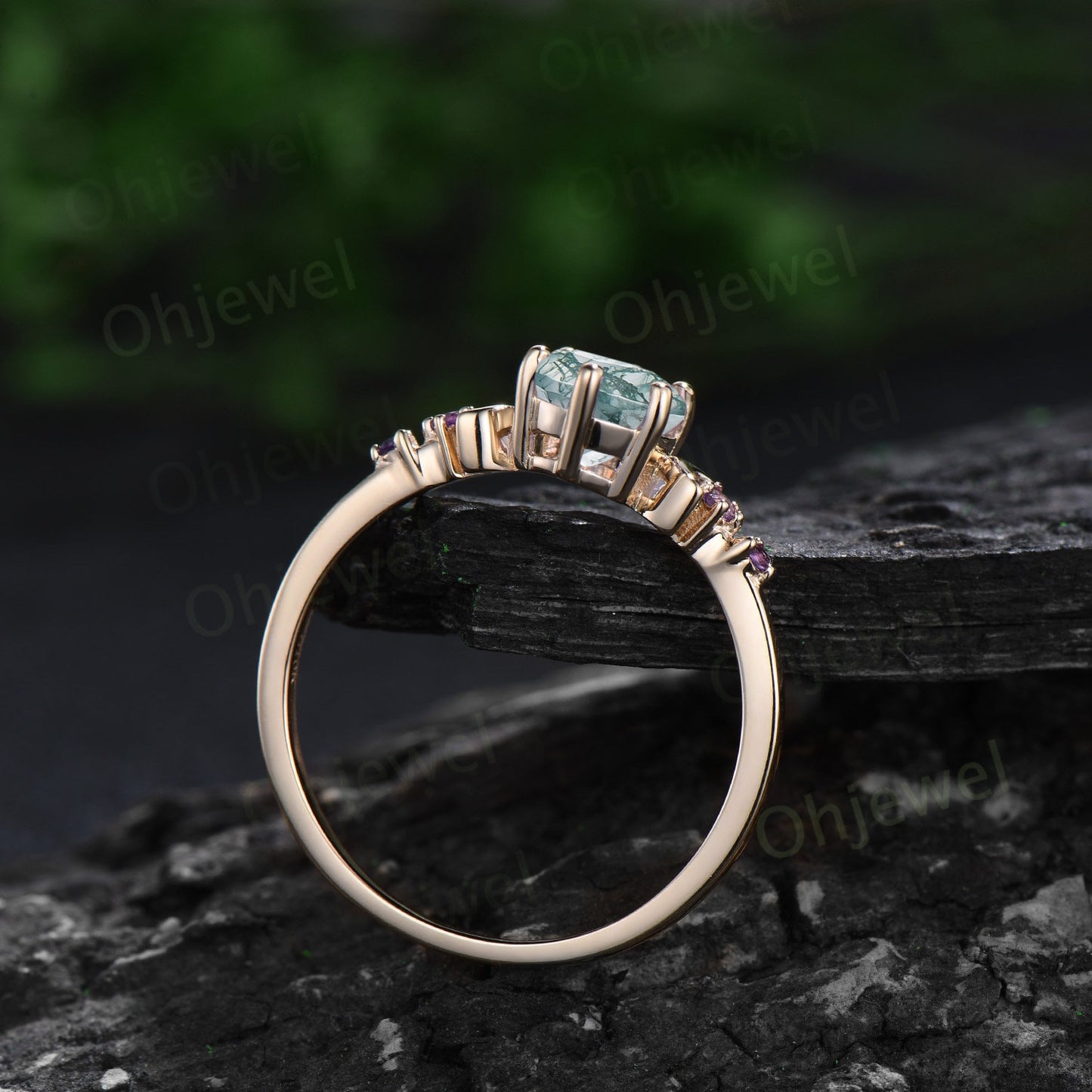 Vintage oval green moss agate engagement ring five stone moon amethyst ring yellow gold opal wedding ring band unique bridal ring set women