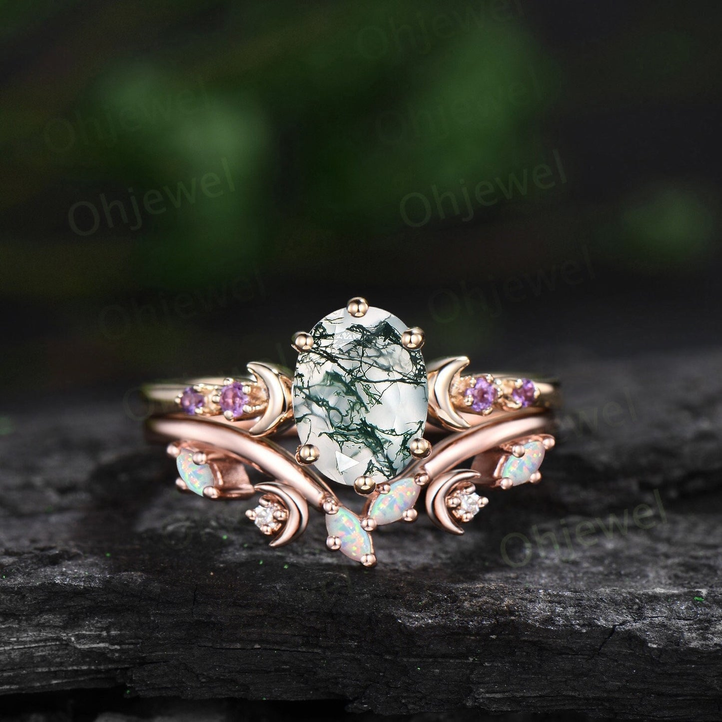 Vintage oval green moss agate engagement ring five stone moon amethyst ring yellow gold opal wedding ring band unique bridal ring set women