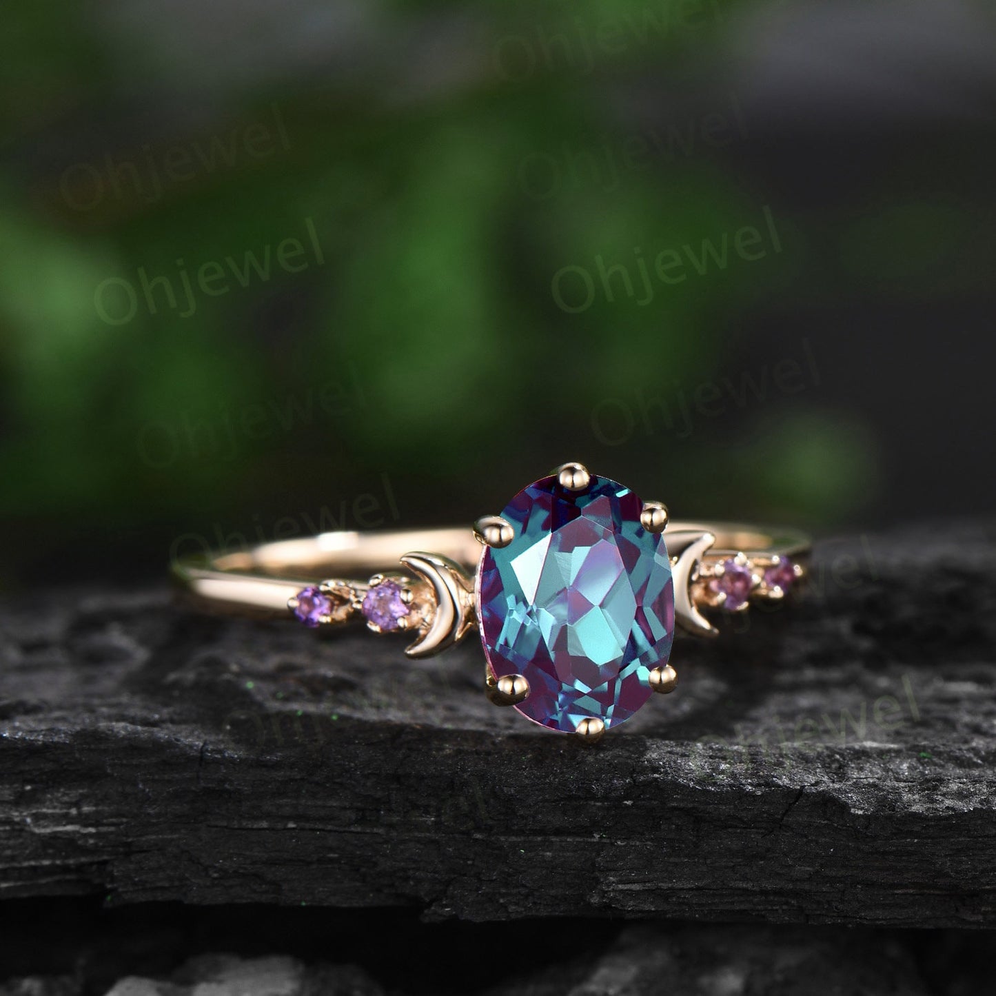 Oval Alexandrite amethyst engagement ring yellow gold Moon wedding ring set women art deco opal moissanite gemstone bridal ring set silver