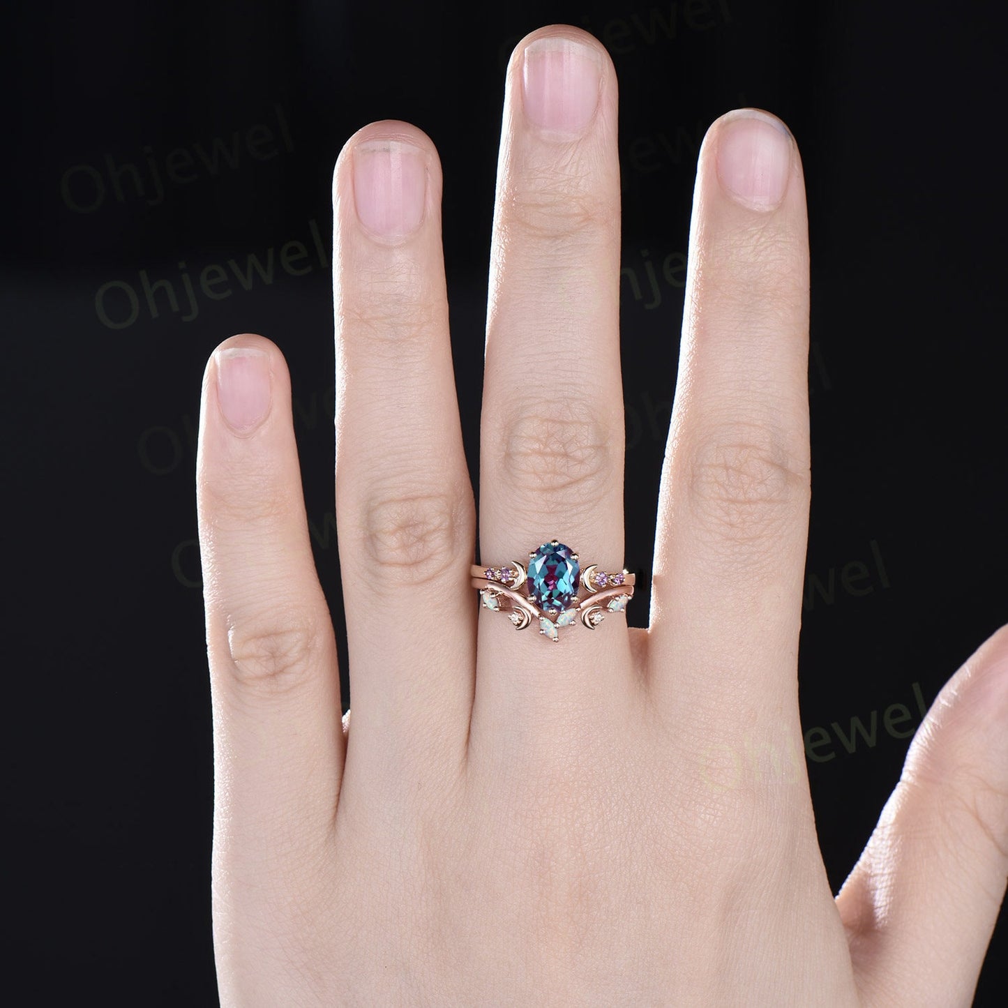 Oval Alexandrite amethyst engagement ring yellow gold Moon wedding ring set women art deco opal moissanite gemstone bridal ring set silver