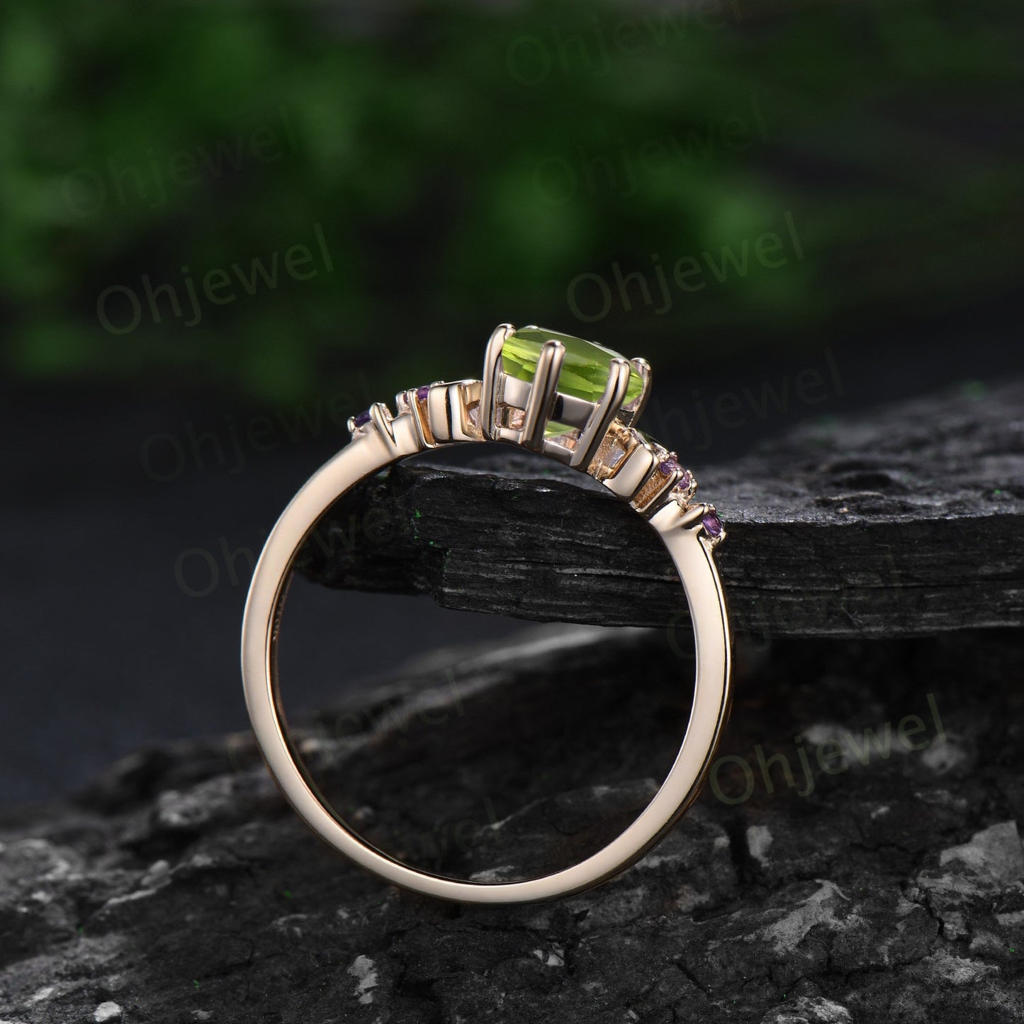 Moon five stone amethsyt ring vintage oval peridot engagement ring rose gold art deco opal wedding ring set women birthstone ring gift