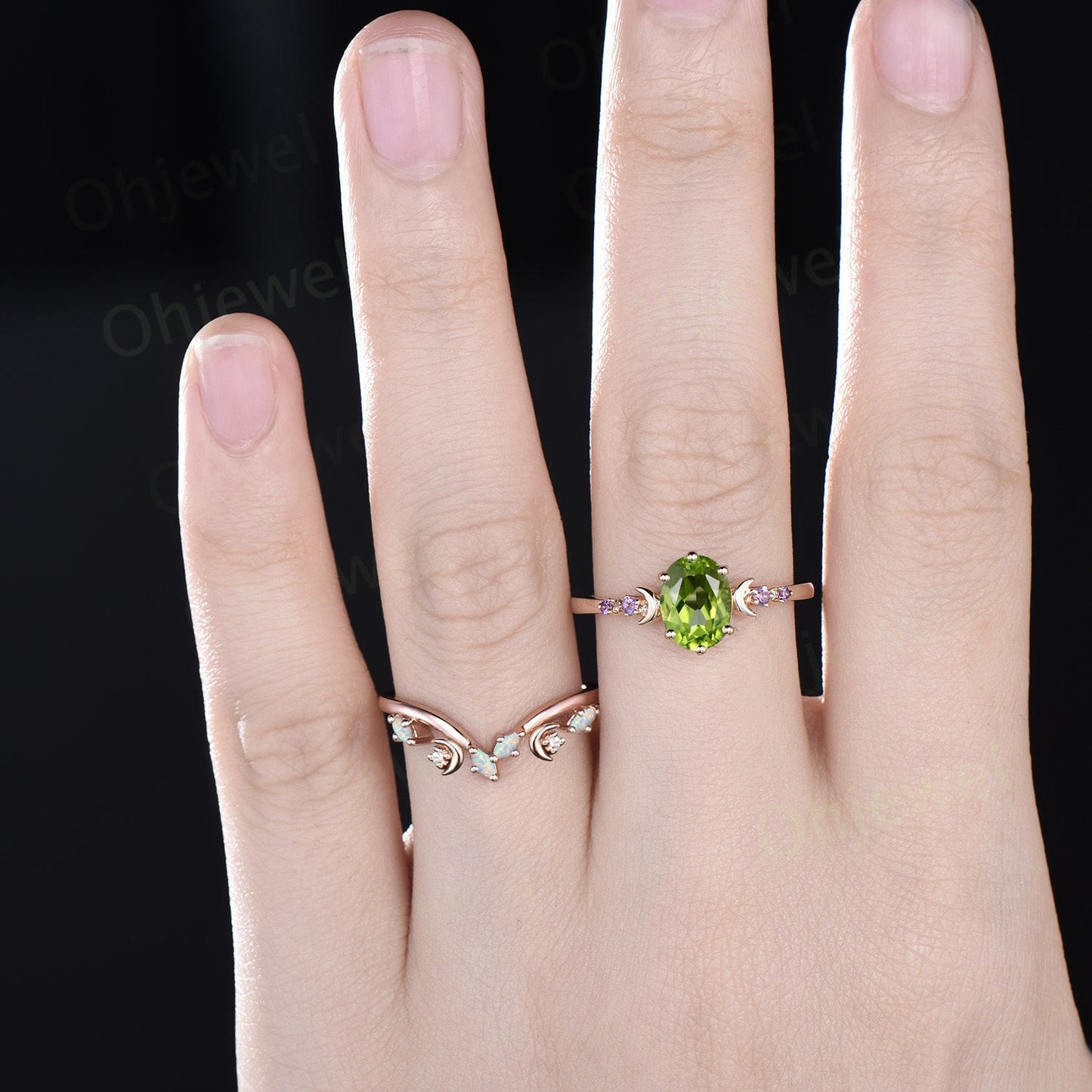 Moon five stone amethsyt ring vintage oval peridot engagement ring rose gold art deco opal wedding ring set women birthstone ring gift