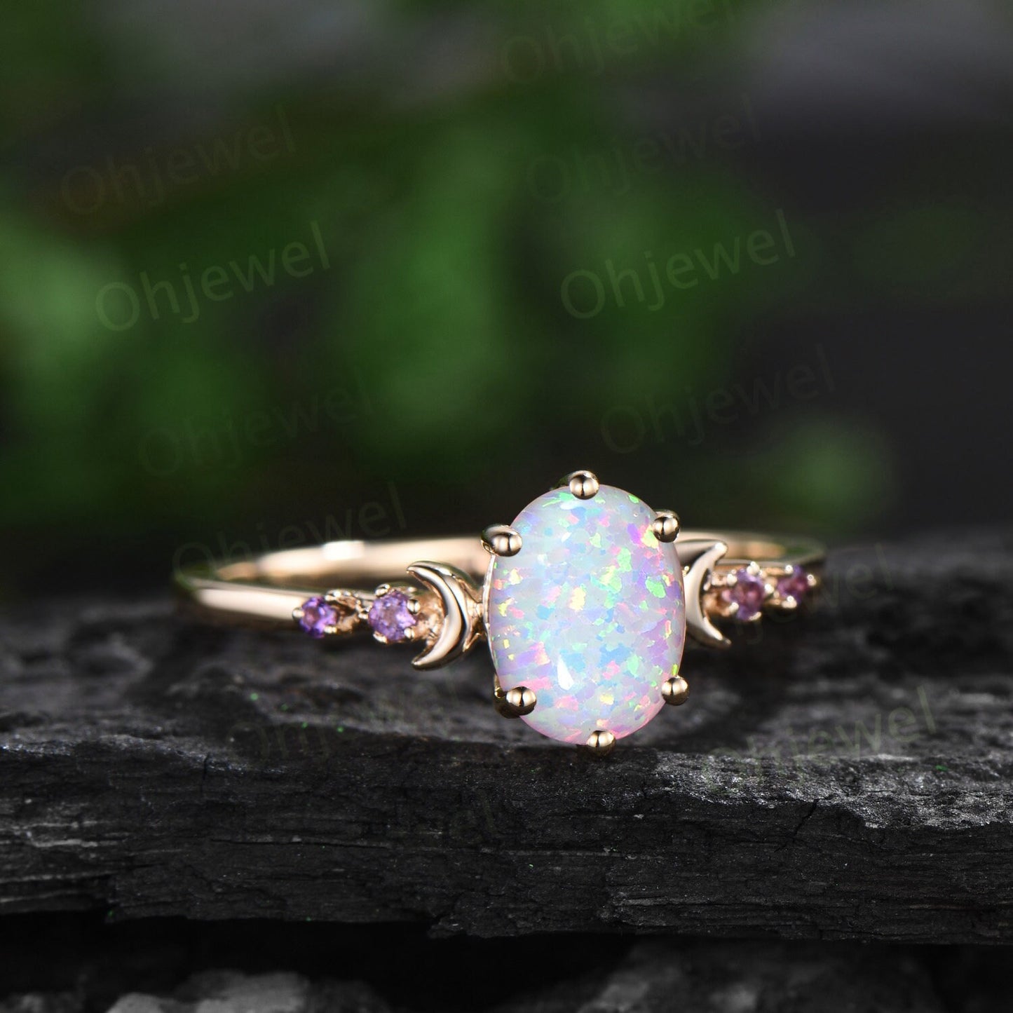Moon five stone amethsyt ring vintage oval white opal engagement ring rose gold art deco promise wedding ring set women birthstone ring gift