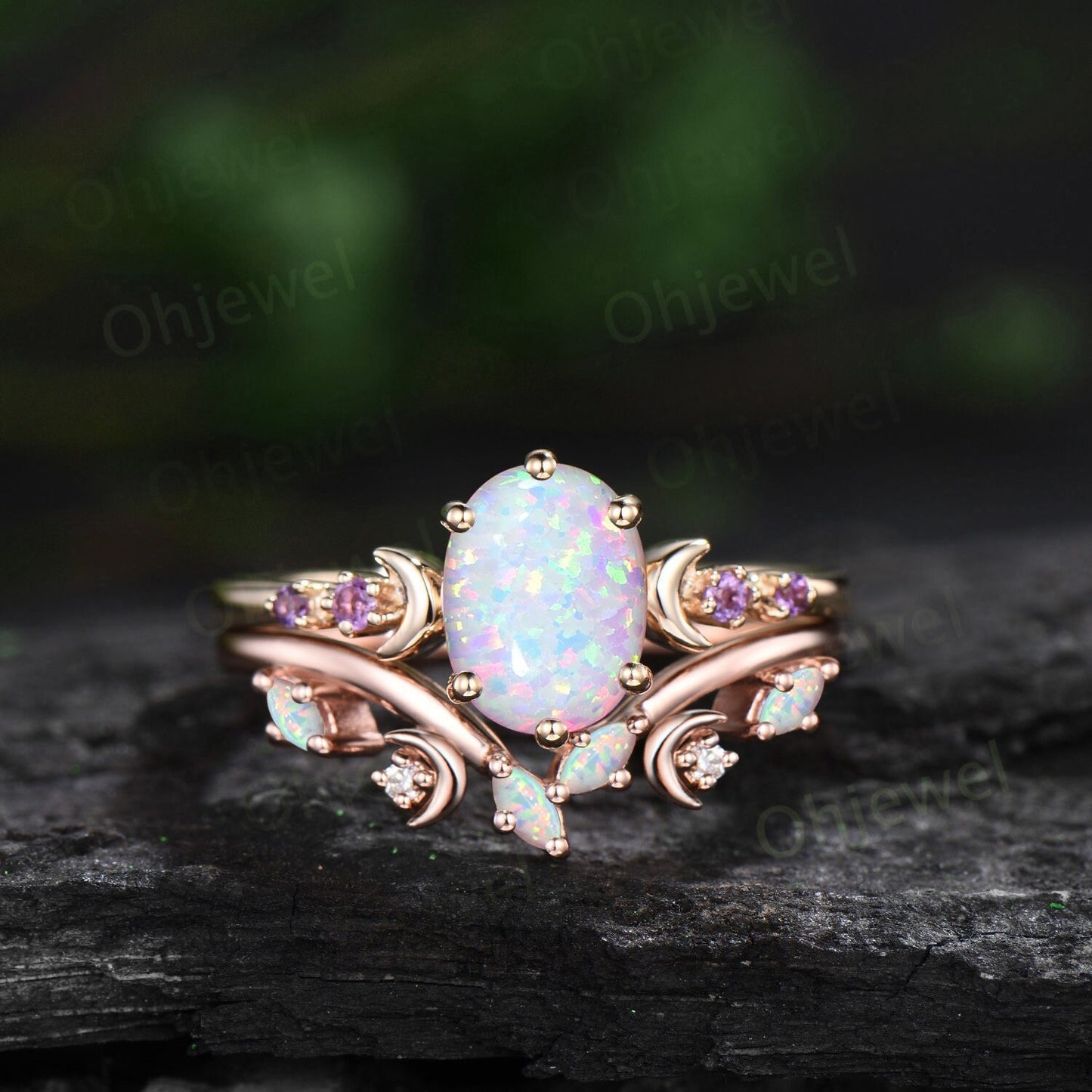 Moon five stone amethsyt ring vintage oval white opal engagement ring rose gold art deco promise wedding ring set women birthstone ring gift