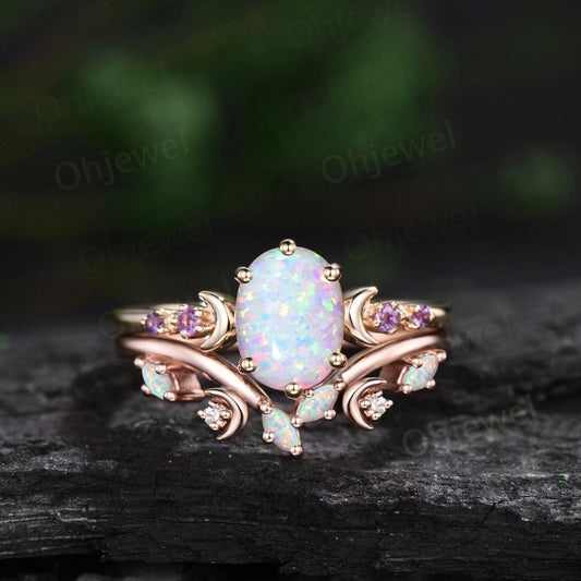 Moon five stone amethsyt ring vintage oval white opal engagement ring rose gold art deco promise wedding ring set women birthstone ring gift