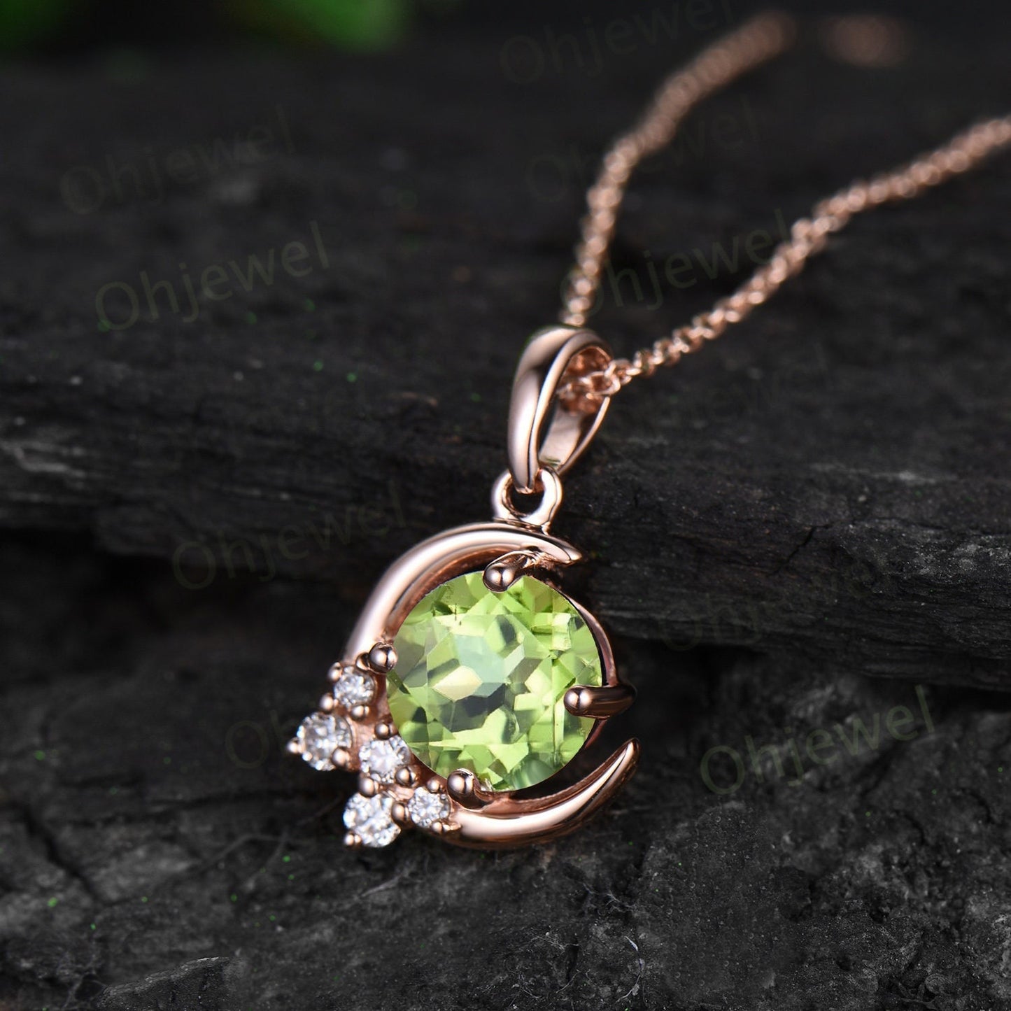 1ct Round peridot necklace solid 14k rose gold unique moon necklace cluster moissanite Pendant women anniversary gift August birthstone