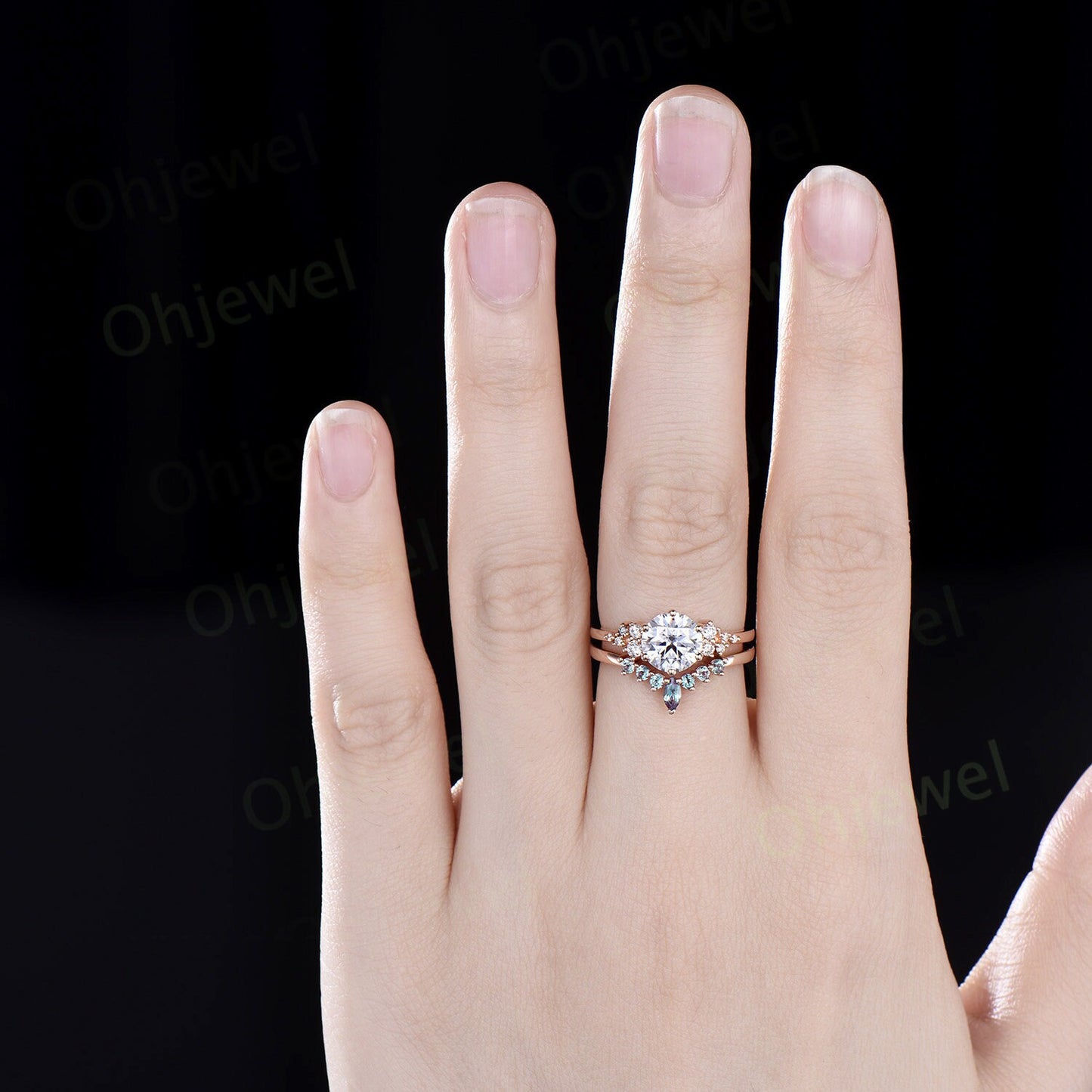 Unique round cut moissanite engagement ring set rose gold snowdrift moissanite ring alexandrite wedding bridal ring set women jewelry