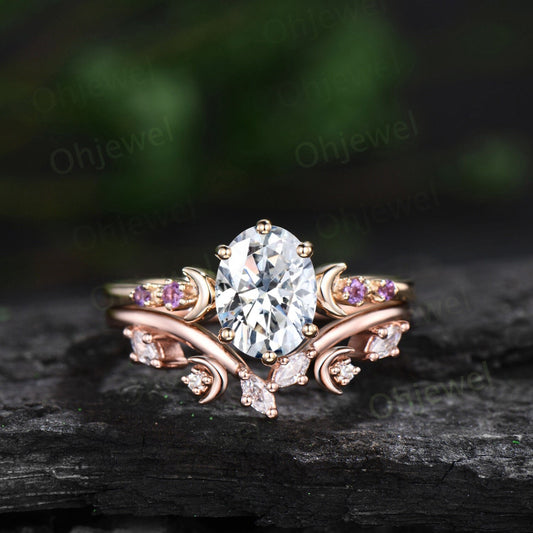 Five stone amethyst Moon oval moissanite engagement ring solid 14k gold art deco unique bridal wedding ring set women gift for her jewelry