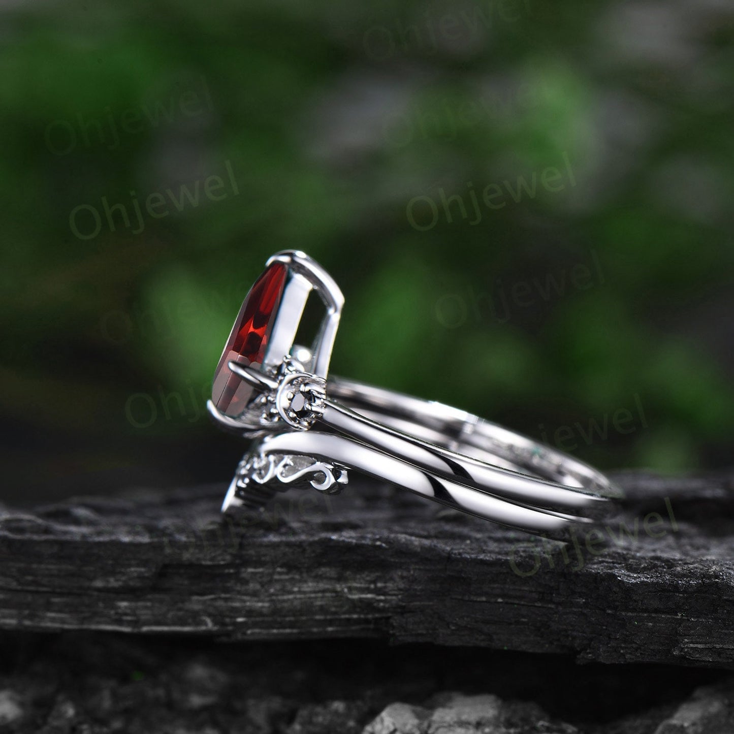 Kite cut red garnet engagement ring Moon black diamond ring solid 14k white gold art deco antique promise anniversary ring women jewelry