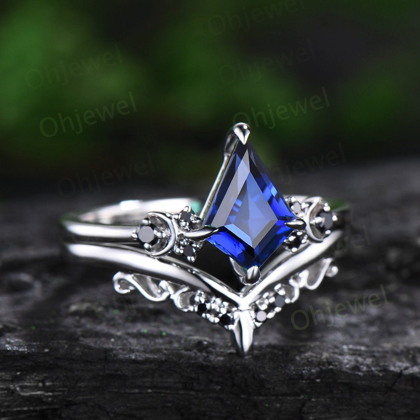 Moon black diamond kite blue sapphire engagement ring set solid 14k white gold retro bridal set unique wedding ring set women blue gemstone