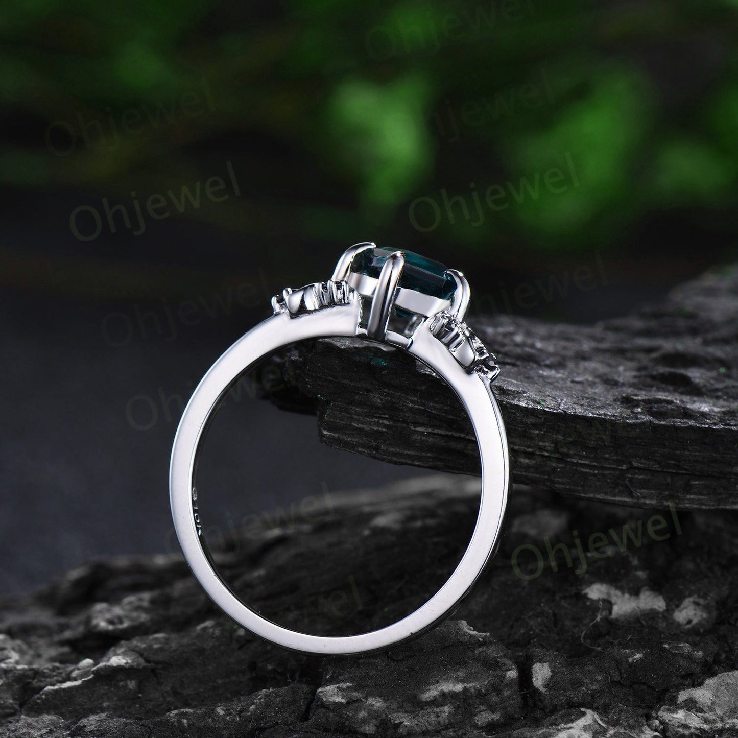 Kite cut alexandrite engagement ring Moon black diamond ring solid 14k white gold art deco antique promise anniversary ring women jewelry