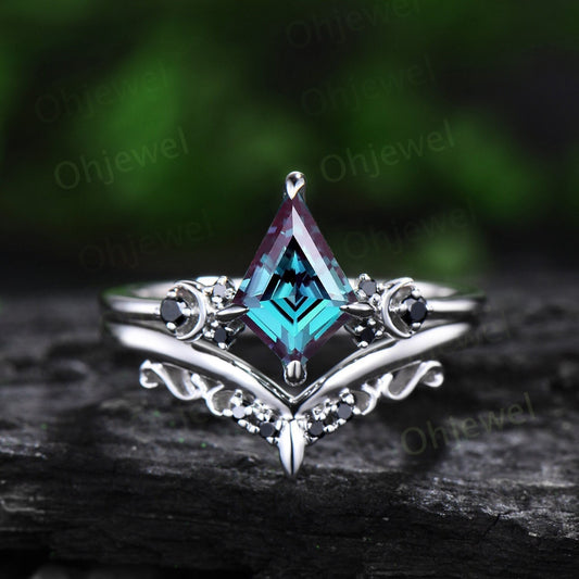 Kite cut alexandrite engagement ring Moon black diamond ring solid 14k white gold art deco antique promise anniversary ring women jewelry