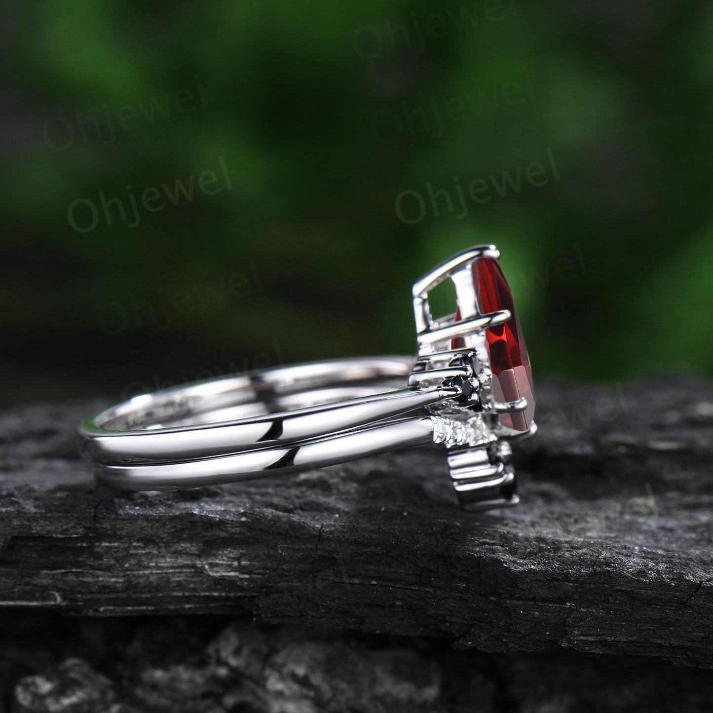 Unique kite cut red ruby engagement ring solid 14k white gold black spinel moissanite promise anniversary ring women her Personalized gift