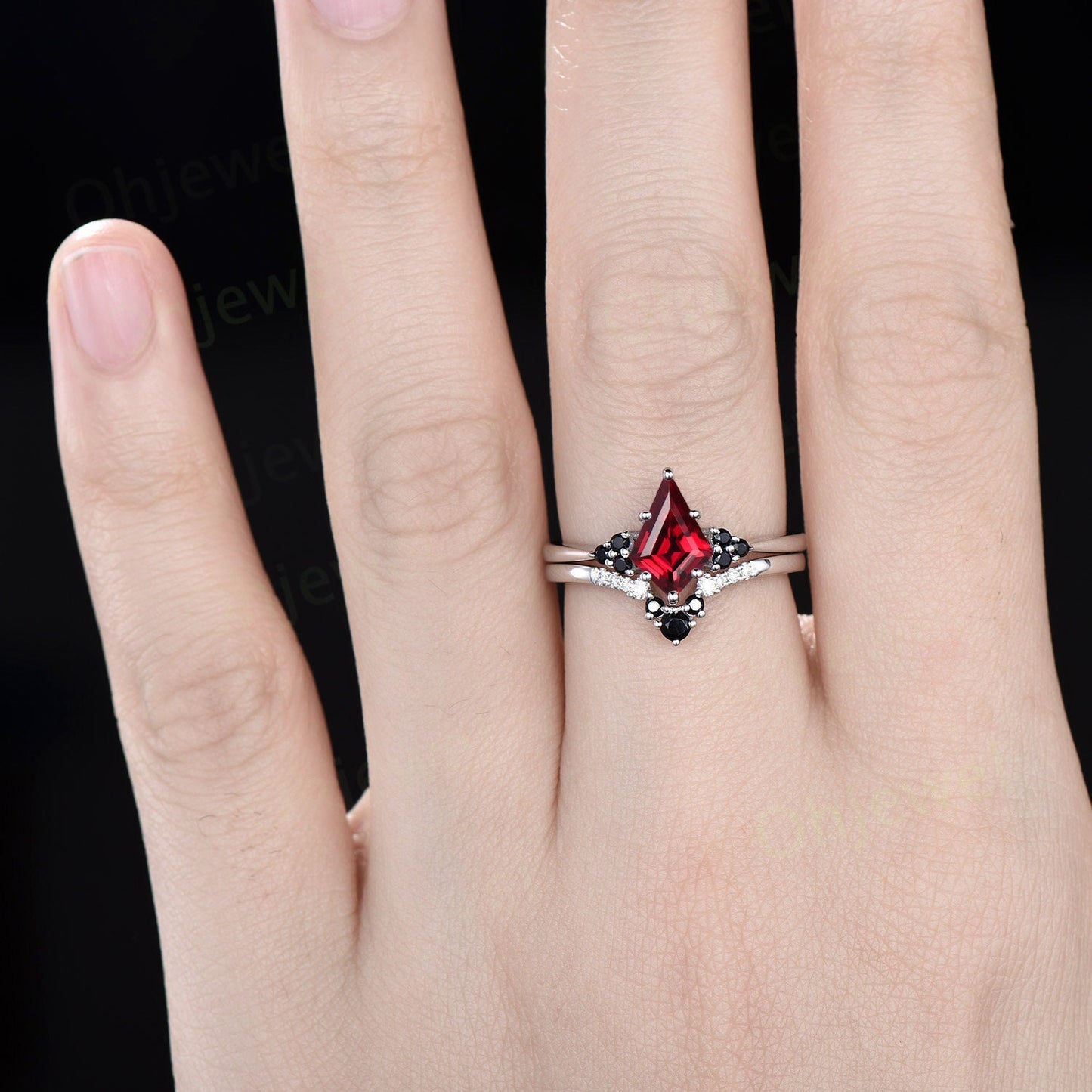 Unique kite cut red ruby engagement ring solid 14k white gold black spinel moissanite promise anniversary ring women her Personalized gift
