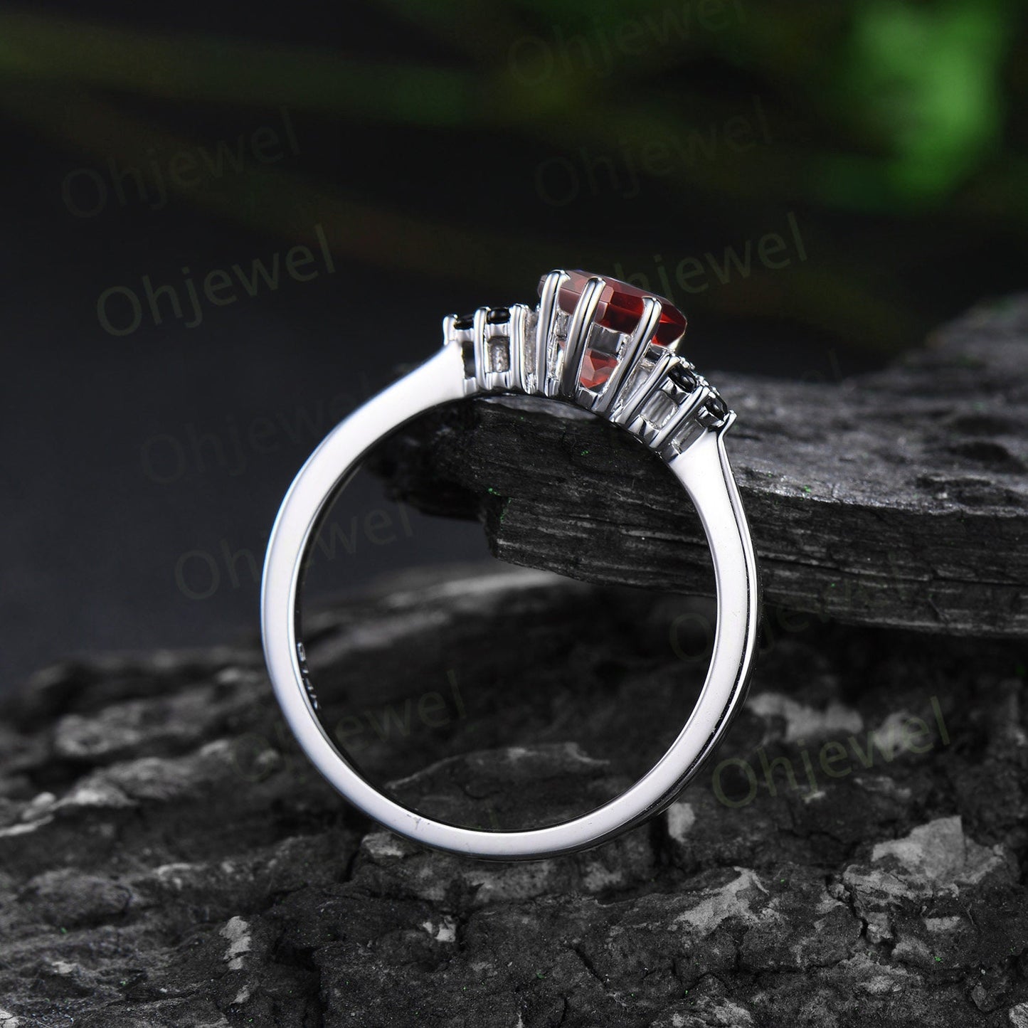 Unique kite cut red ruby engagement ring solid 14k white gold black spinel moissanite promise anniversary ring women her Personalized gift